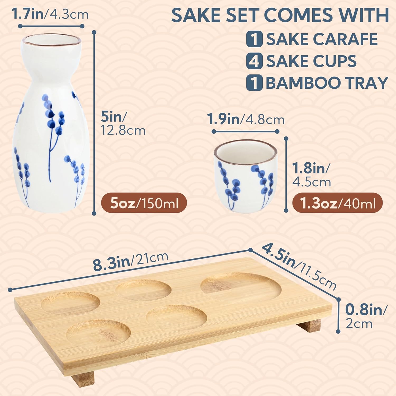 Ceramic Sake Set, 5pcs Japanese Saki Set with 1 Sake Carafe 4 Sake Cups, Saki Cup Set as Gift for Sake Japanese Wine/Hanzo Sake/Soju/Sake Drink/Saki Drink/Tea (Pompon)