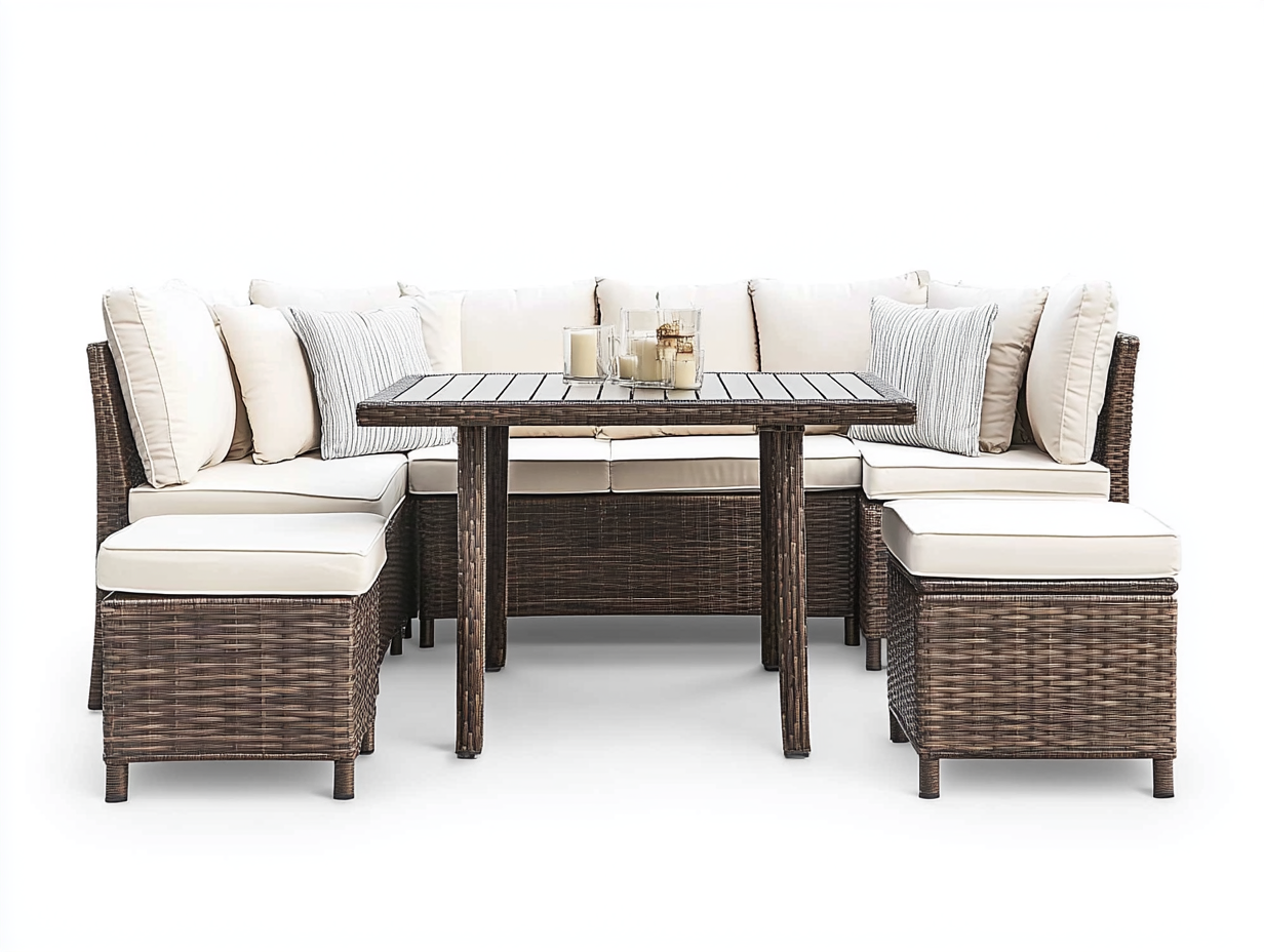 Sofá rinconera exterior ratán marrón con cojines beige y mesa rectangular a juego NB6378789