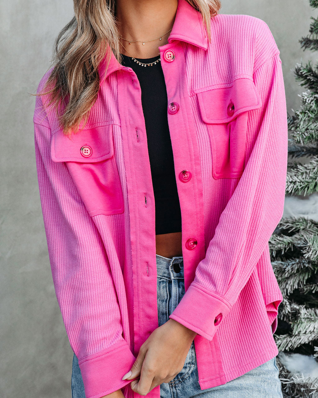 Tiffani Waffle Knit Button Down Top - Pink - Se7enfashion