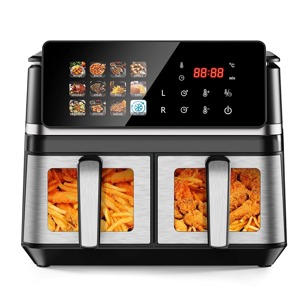 10Qt Dual Basket Air Fryer Oven with Viewing Windows, 2 Independent 5Qt Nonstick Baskets, Digital Double Air Fryers with Sync Finish, Hi-Fry and Auto Shutoff, Dishwasher Safe, Black