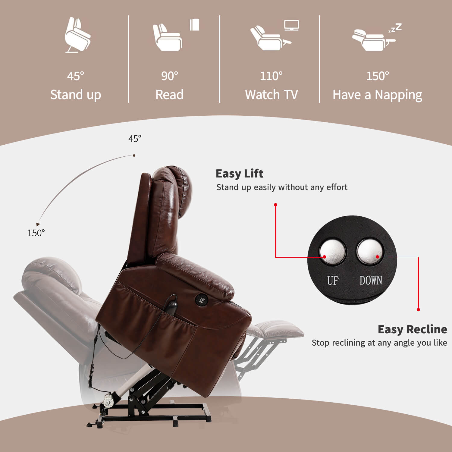 3-Position Power Lift Chair with Heal and Massage Real Leather