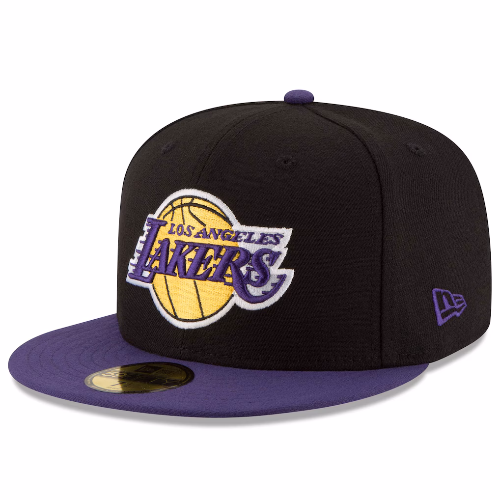 Angled view of the New Era Los Angeles Lakers 2-Tone 59FIFTY Fitted Hat showing the black crown, purple visor, and embroidered team logo.