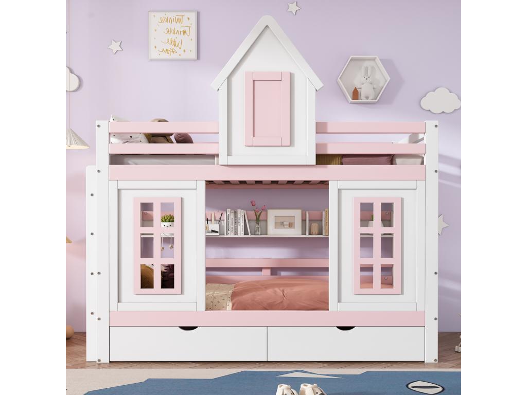 Litera 90x200cm - cama infantil con techo, ventana, 2 cajones, estante abierto, somier - pino + MDF, Tucasago + rosa