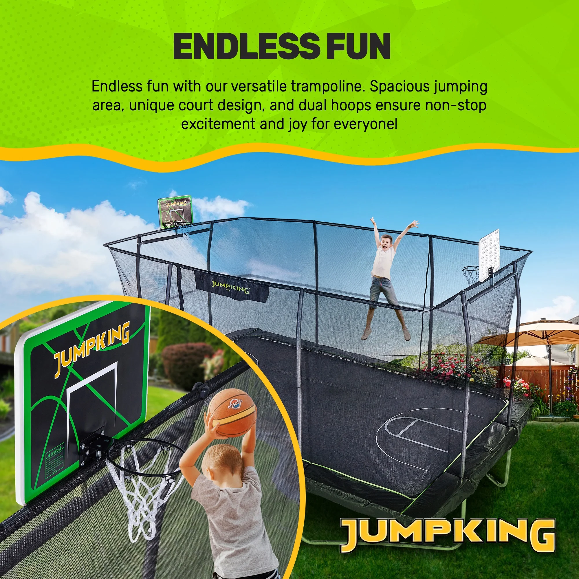 JumpKing 10'x15' Rectangle Trampoline with 2 Powder Coated Basketball Hoops & Breakaway Rim and Ladder- Large Recreational Trampoline for Kids and Adults with Enclosure Net - Image 8