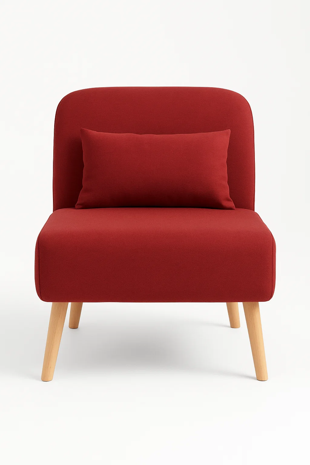 Sillón cama con tapizado rojo y patas de madera clara