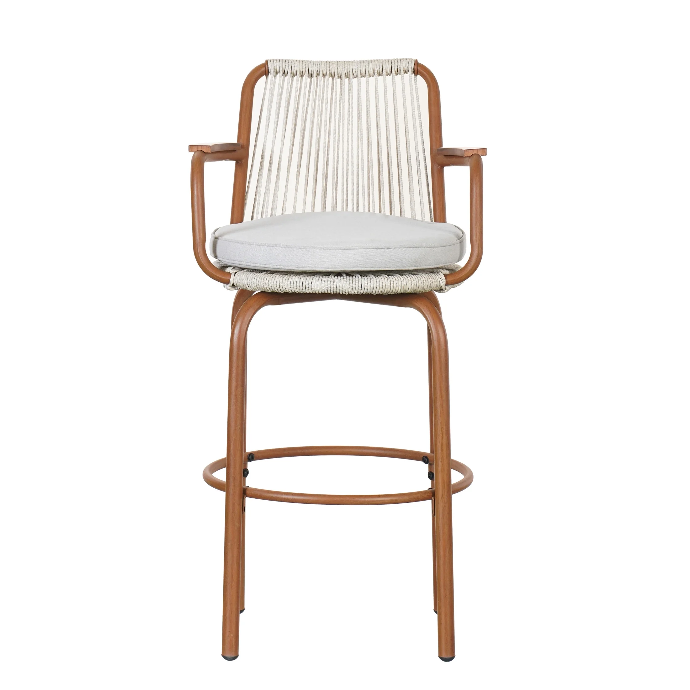Lyric Modern 29" Outdoor Patio Bar Stools, Bar Chairs with Wood Grain Finish Frame with Hand-Woven PE Rattan Rope, Removable Cushions, Teak+Beige, Set of 2 - Image 9