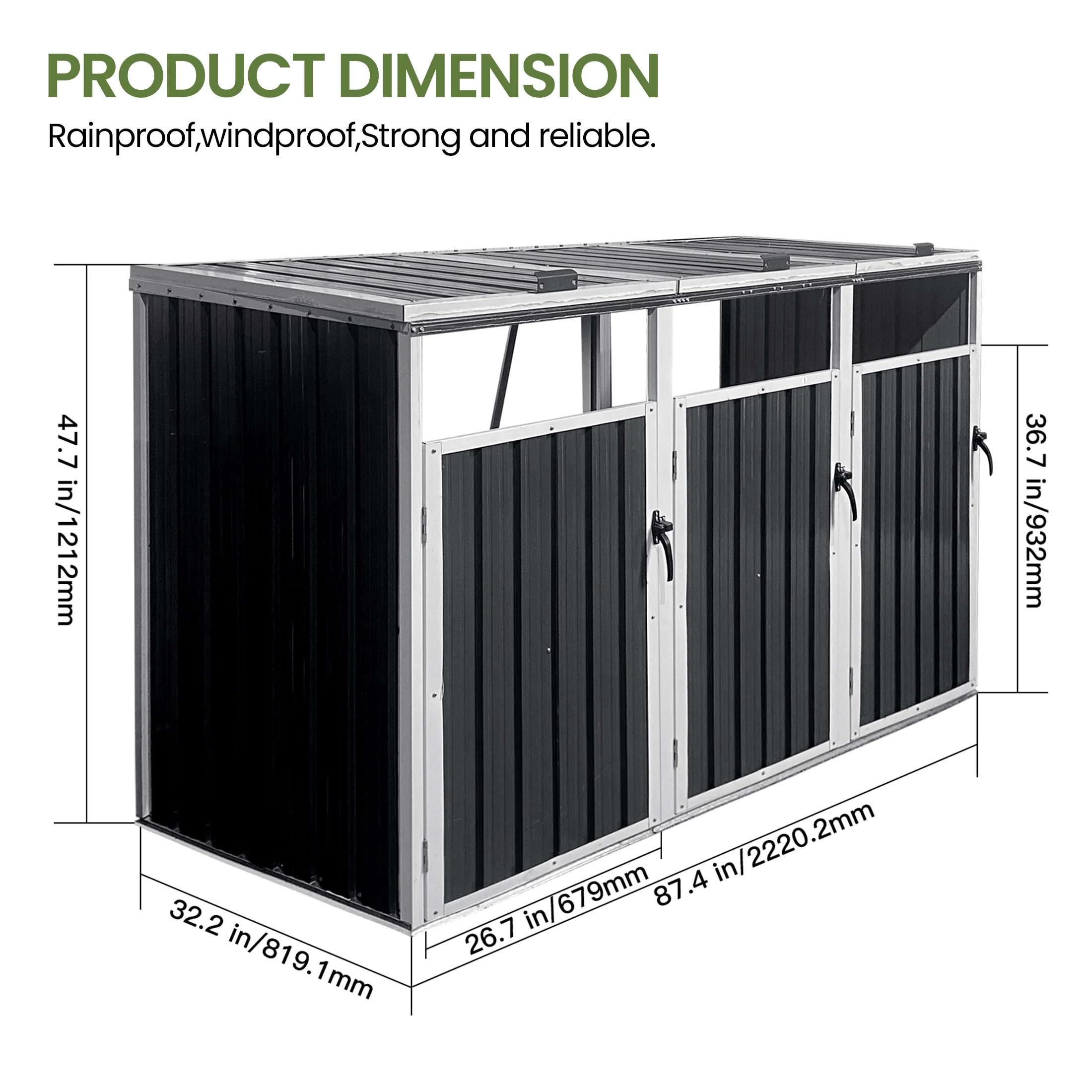 Aukfa 7.3' W Outdoor Garbage Bin Storage, Metal Storage Shed for 3 Trash Cans Tools, Waterproof Trash Can Storage - Image 3