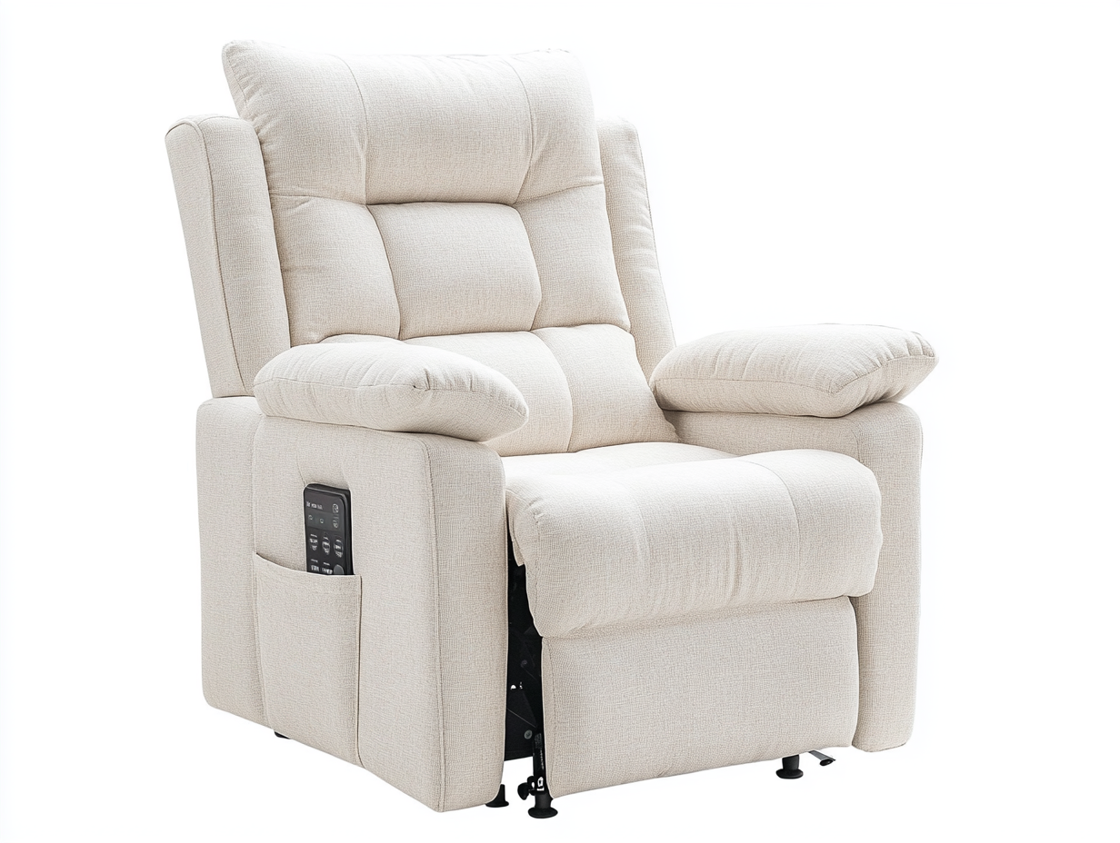 Sillón reclinable eléctrico de tela lino beige con función de levantamiento, diseño cómodo y moderno.