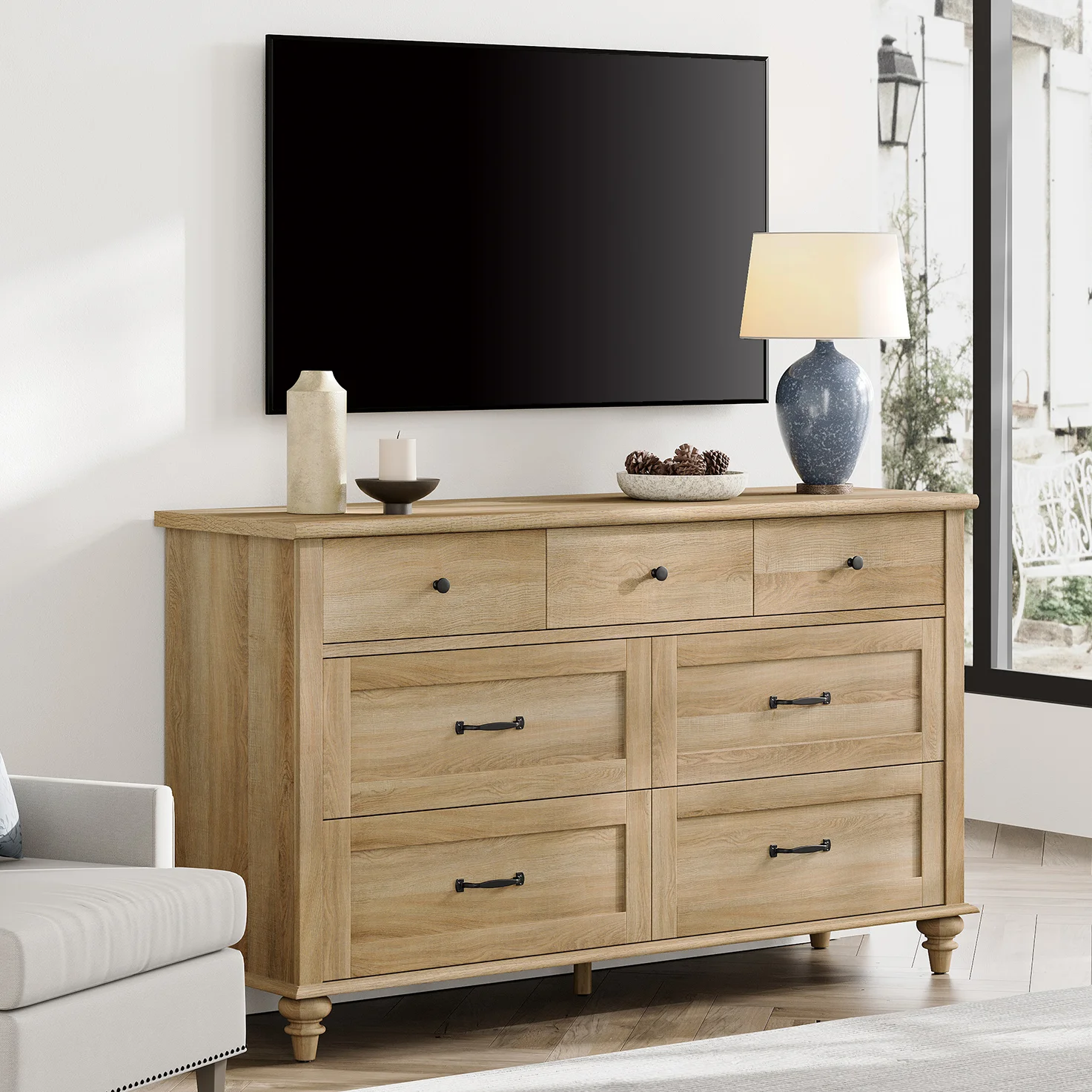 Oak 7 Drawer Dresser for Bedroom, Wooden Chest of Drawers for Living Room - Image 2