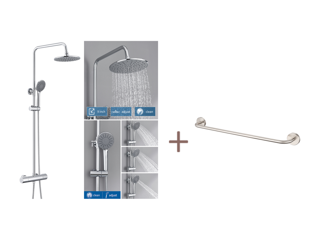 Columna Ducha Termostática Cromada,Altura Ajustable Set Ducha Ducha con 3 Jets De Agua+60cm Porta-Servielletas Baño Autoadhesivo/ Perforación