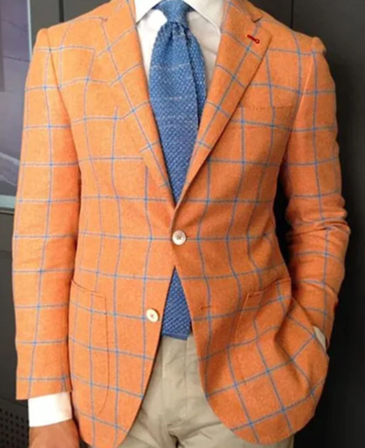OK Casual Orange Plaid Print Notch Lapel Two Button Blazer