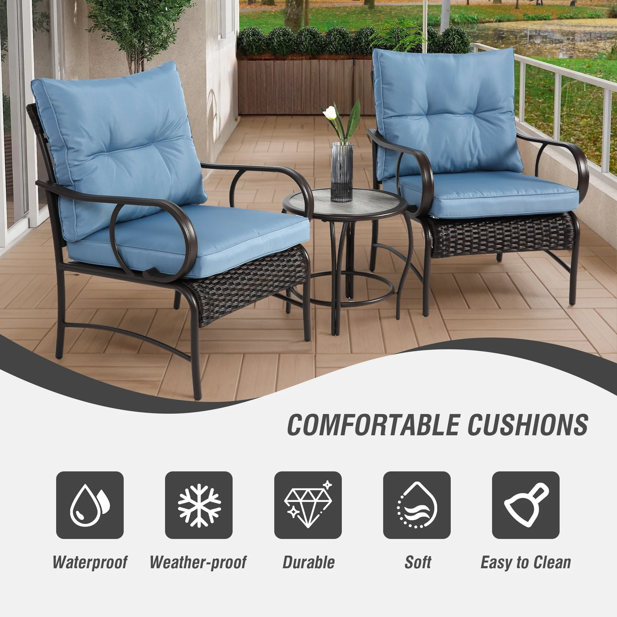 Villeston 3 Piece Outdoor Wicker Conversation Patio Set, with 2 Chairs, Table for Porch Garden,Blue - Image 2