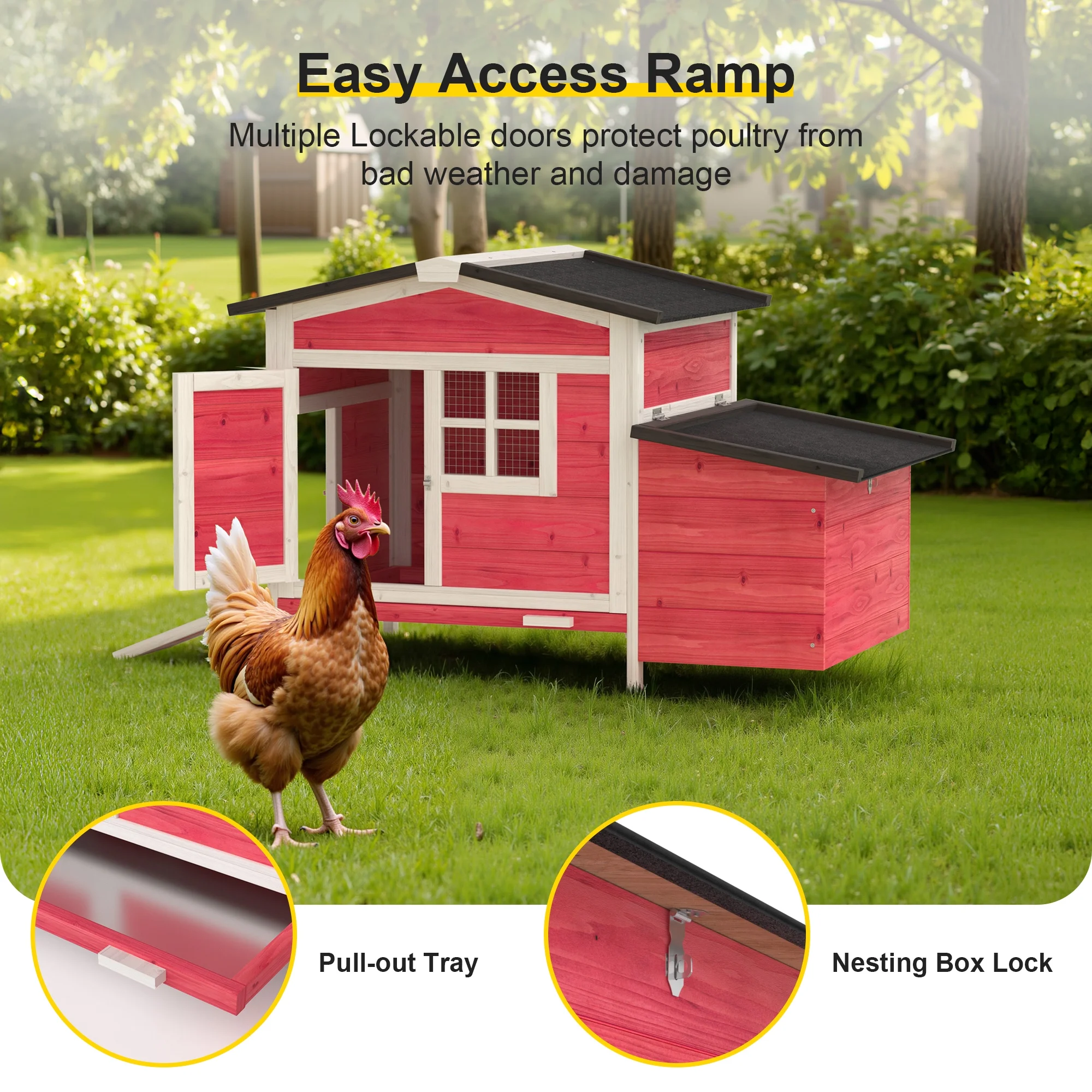 Outdoor Chicken Coop Rabbit Hutch Wooden Hen House w/ Nesting Box & Tray Poultry Cage for Outdoor Indoor - Image 18