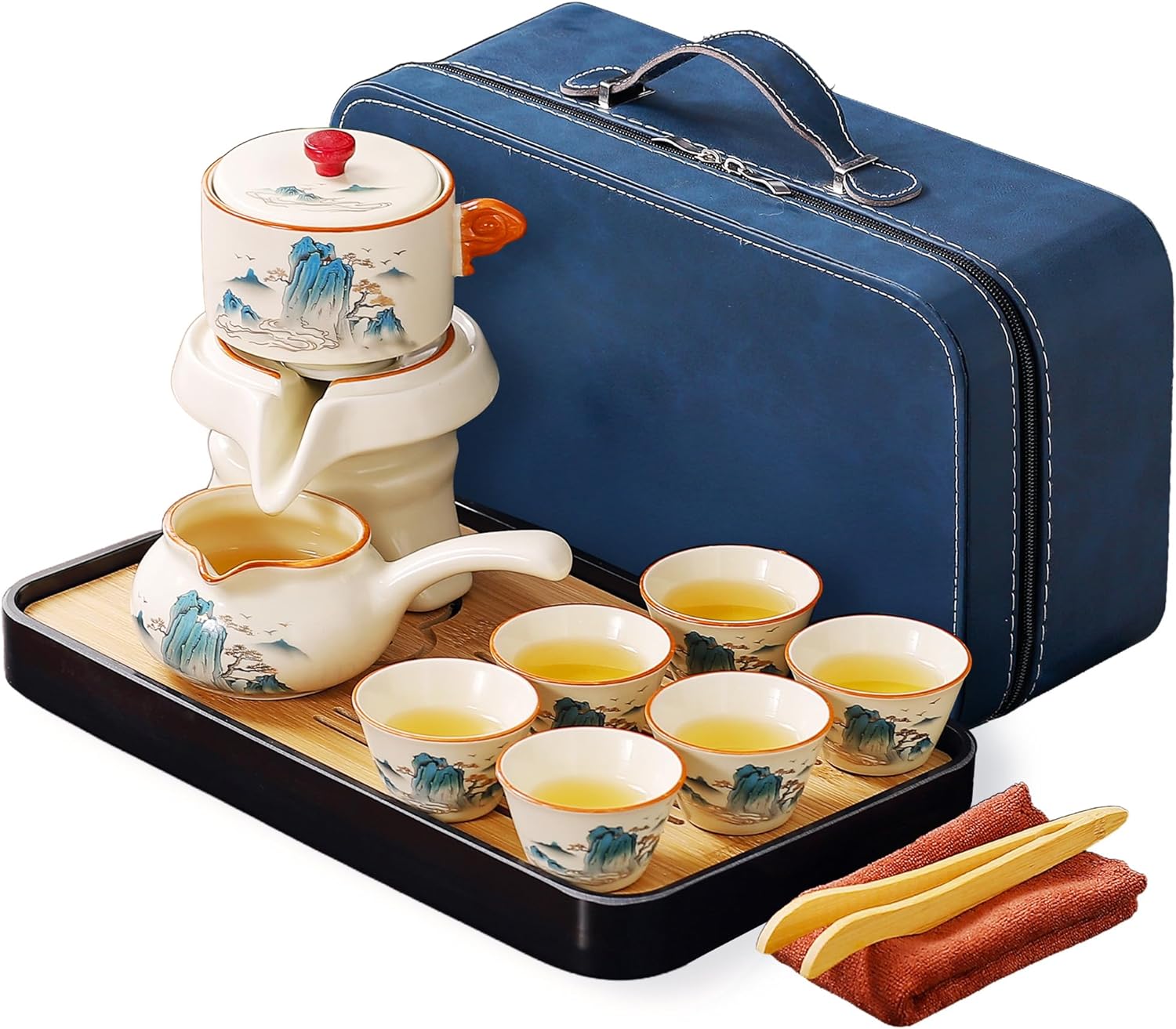Traditional Japanese tea set, Kiln altered glaze Porcelain tea set with 1 Teapot, 6 Tea cups, 1 Tea Tray,Japanese teapot set, Asian tea sets (Kiln altered-Green)