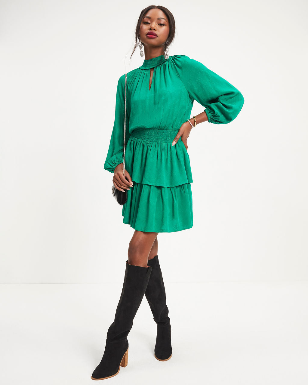 Under The Mistletoe Cutout Tiered Mini Dress - Green - Se7enfashion