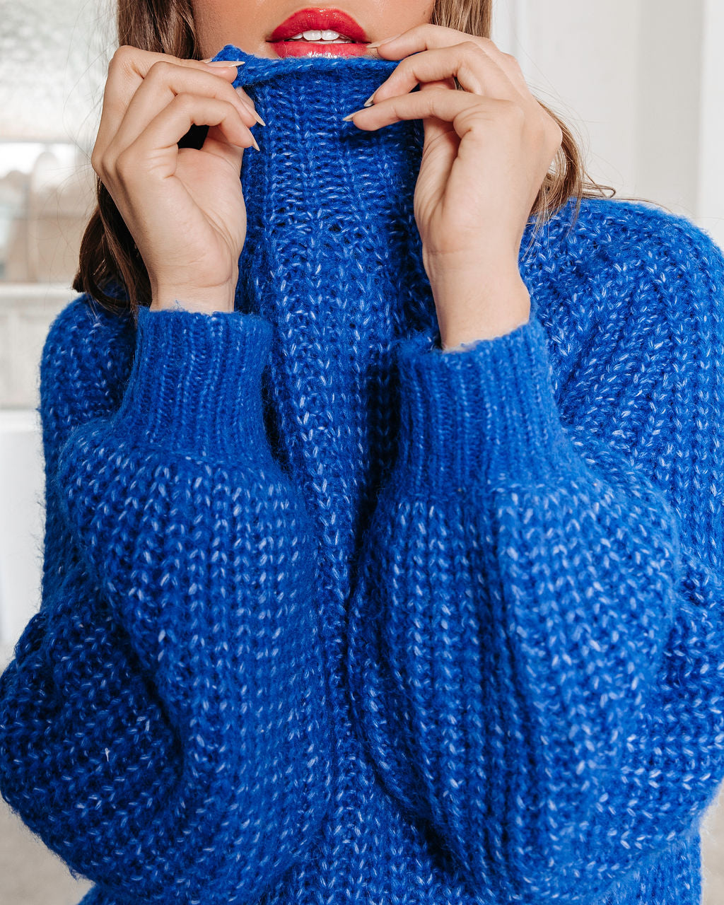 Joanne Knit Mock Neck Pullover Sweater - Cobalt - Se7enfashion