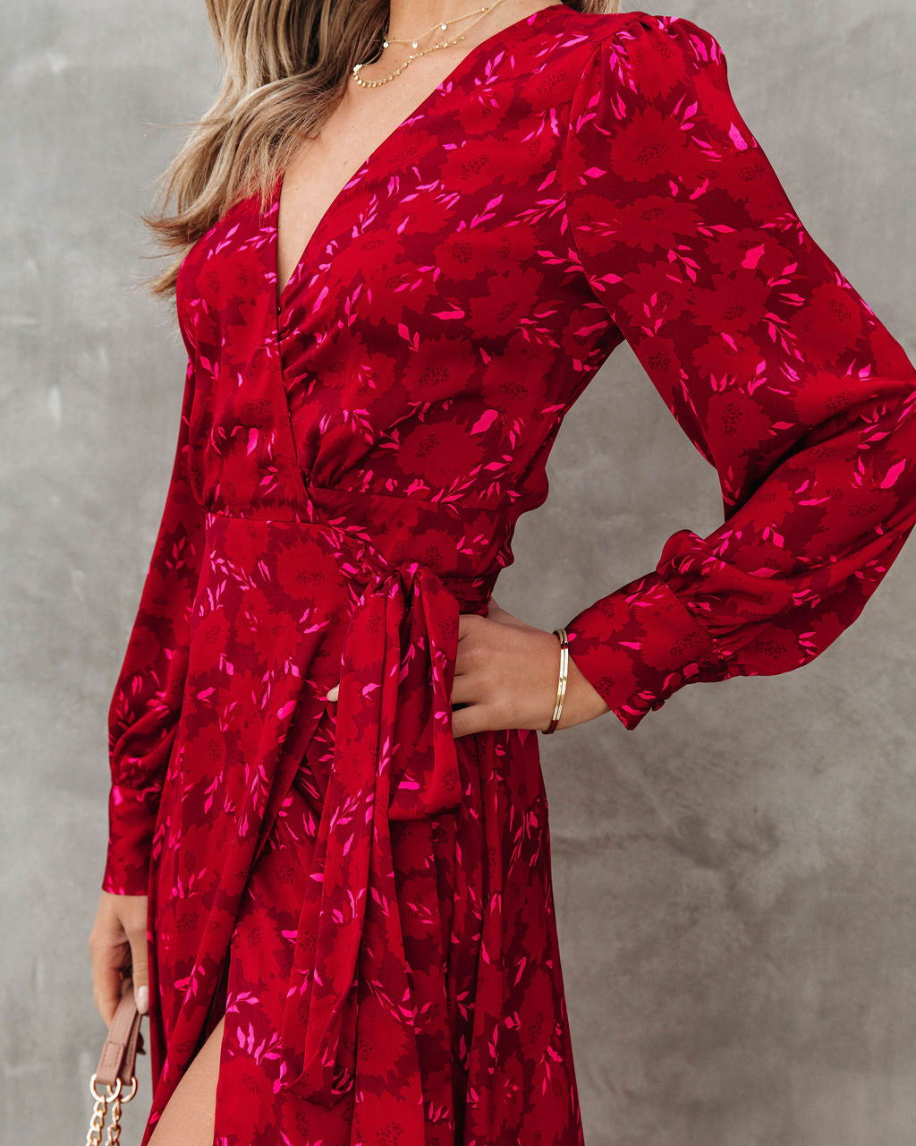 Lucia Satin Floral Wrap Maxi Dress - Red - Se7enfashion