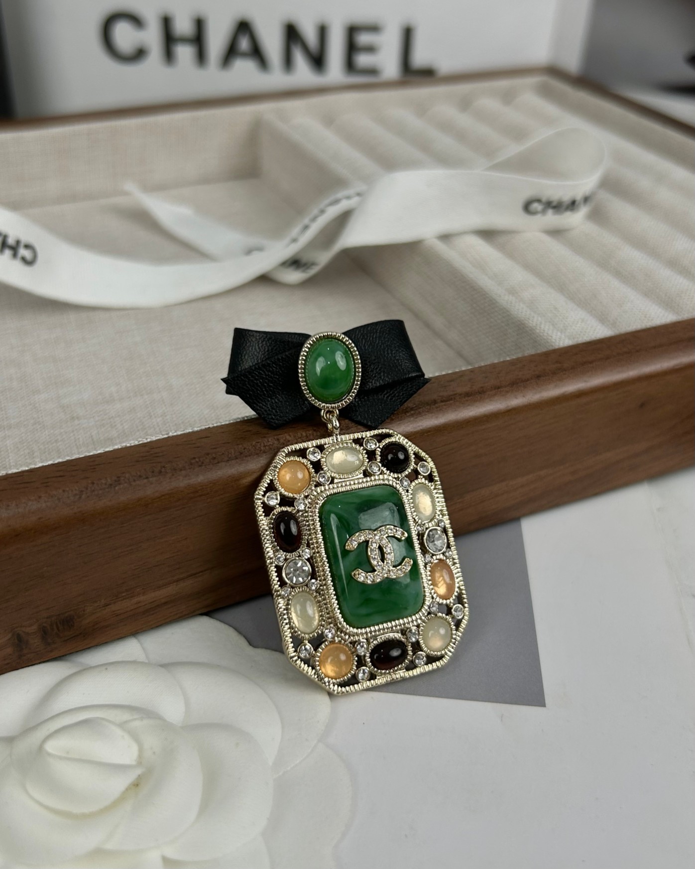 Chanel Leather Bow Multigem Emerald Brooch - Original Replica Club