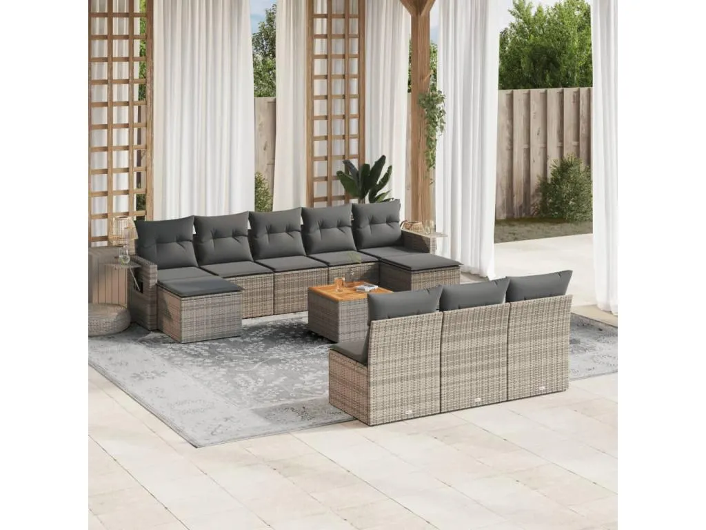 Set de sofás de jardín 11 pzas y cojines ratán sintético gris AUYA96264