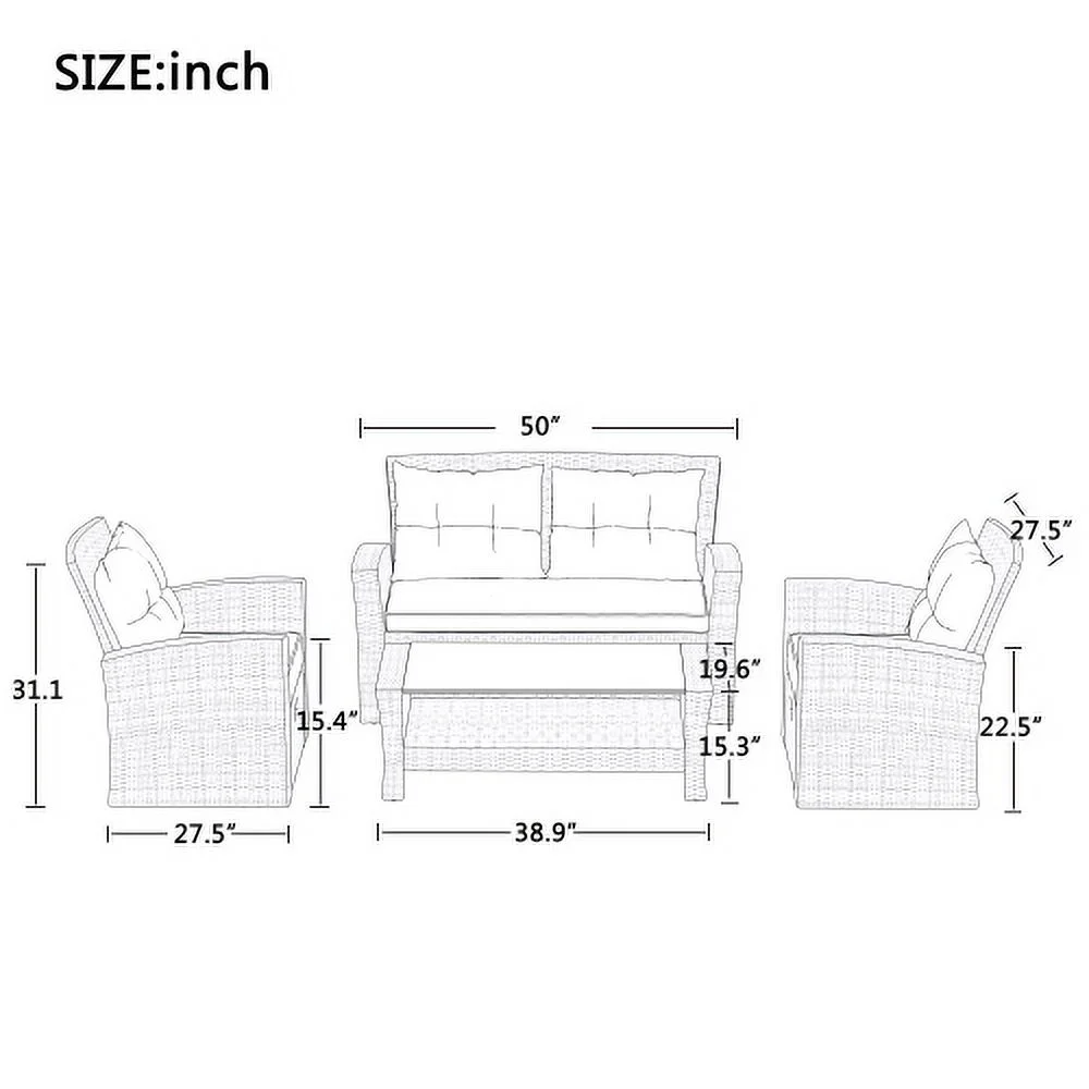 Harper & Bright Designs 4 Pieces Patio Wicker Chair with Ottoman and Coffee Table, Outdoor Rattan Loveseat Sectional Sofa Furniture Set for Garden, Beige Cushions - Image 14