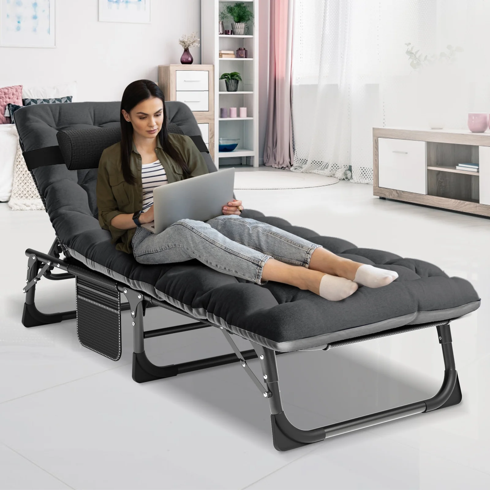 MOPHOTO Lounge Chair with Mattress, Outdoor Chaise Lounge Support 440 Lbs, Adjustable Portable Heavy Duty Sleeping Cots Bed for Camping, Pool, Beach, Patio - Image 14