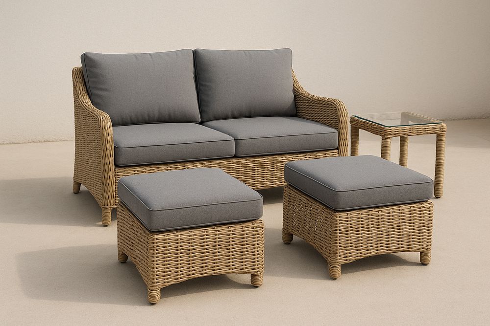 Conjunto de muebles de jardín con ratán sintético color natural, sofá doble, mesa auxiliar y reposapiés, diseño cómodo y resistente