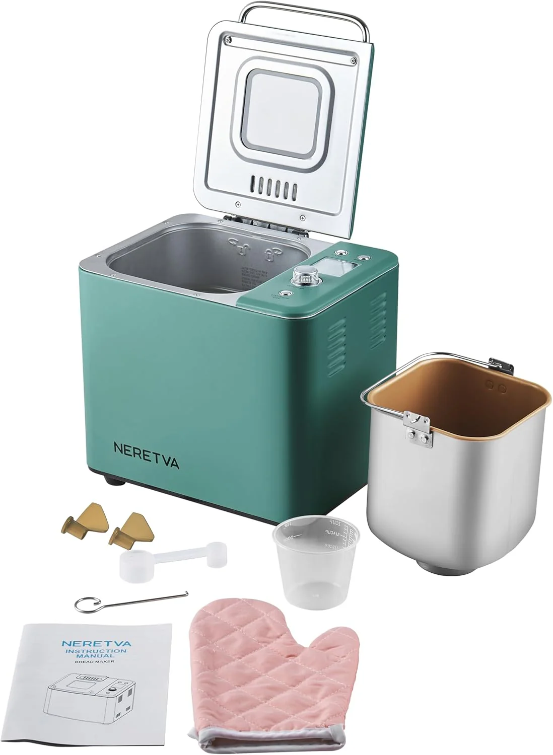 Neretva Bread Maker, 20-IN-1 2LB Bread Machine Dual Heater Bread Maker Machine Automatic with Nonstick Ceramic Pan, 15H Timer & 1H Keep Warm Set, Low Noise, Stainless Steel Breadmaker Recipe-Green