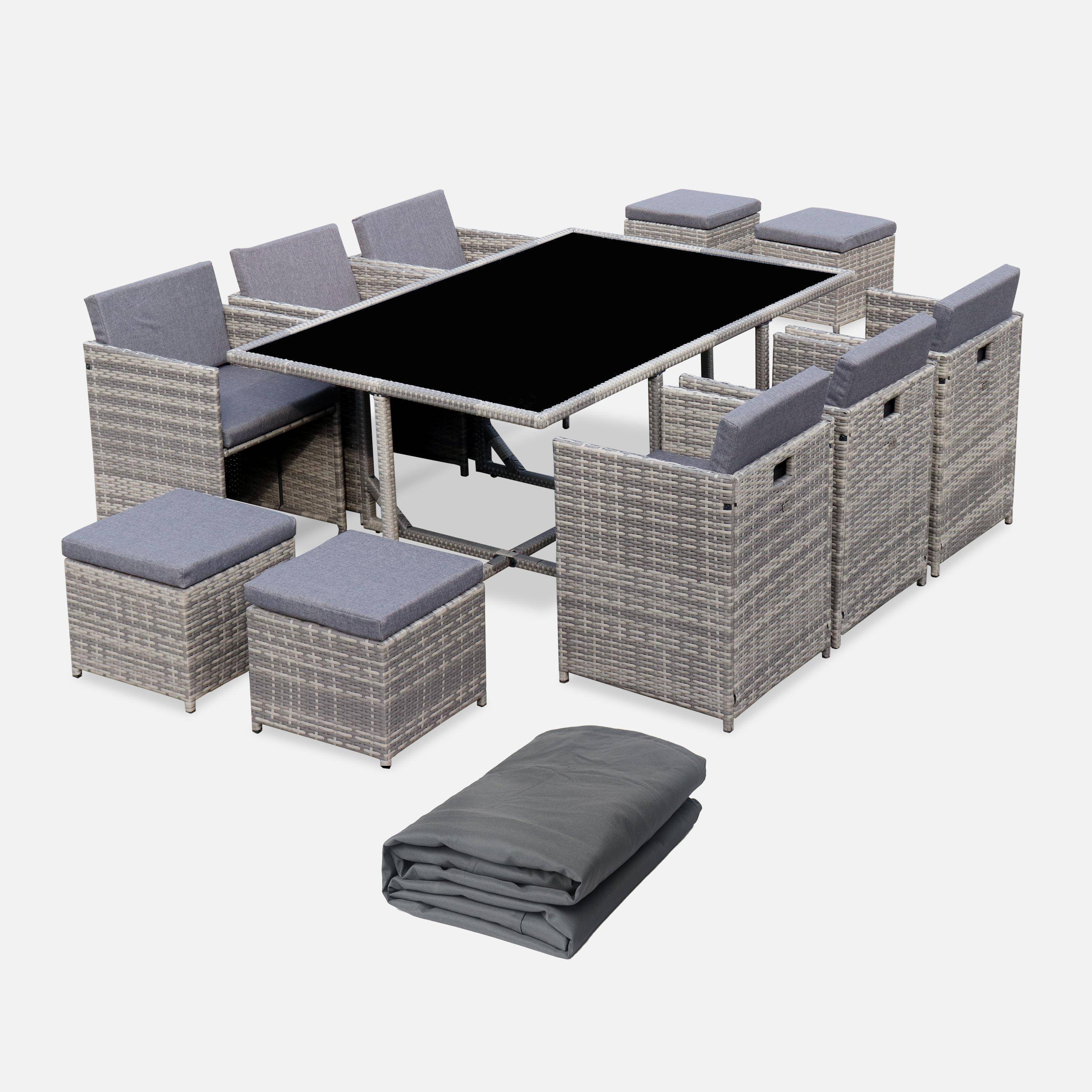Vabo 10 + funda - Mesa de jardín encastrable resina con 10 sillones + cobertor