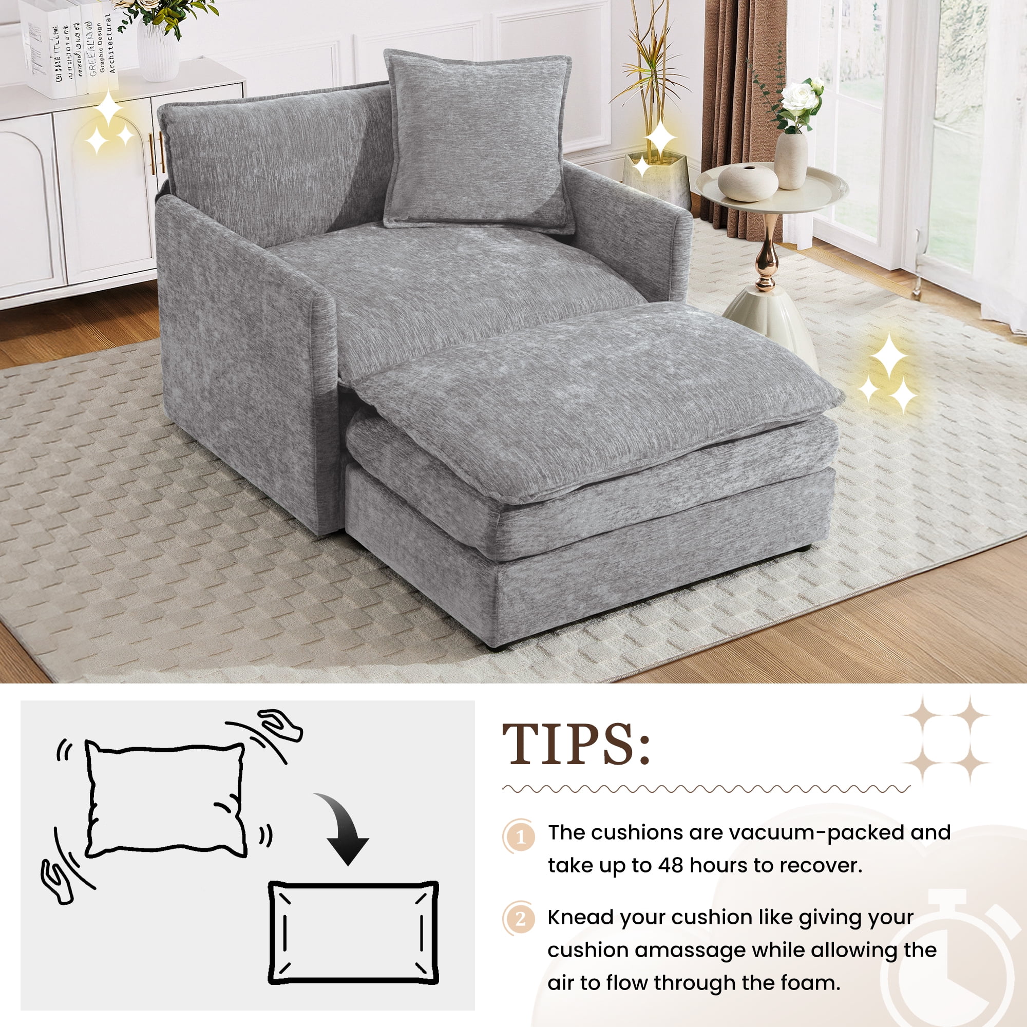 Muumblus Oversized Lounge Chair with Ottoman, Cloud Accent Armchair for Living Room, Beige Chenille - Image 51