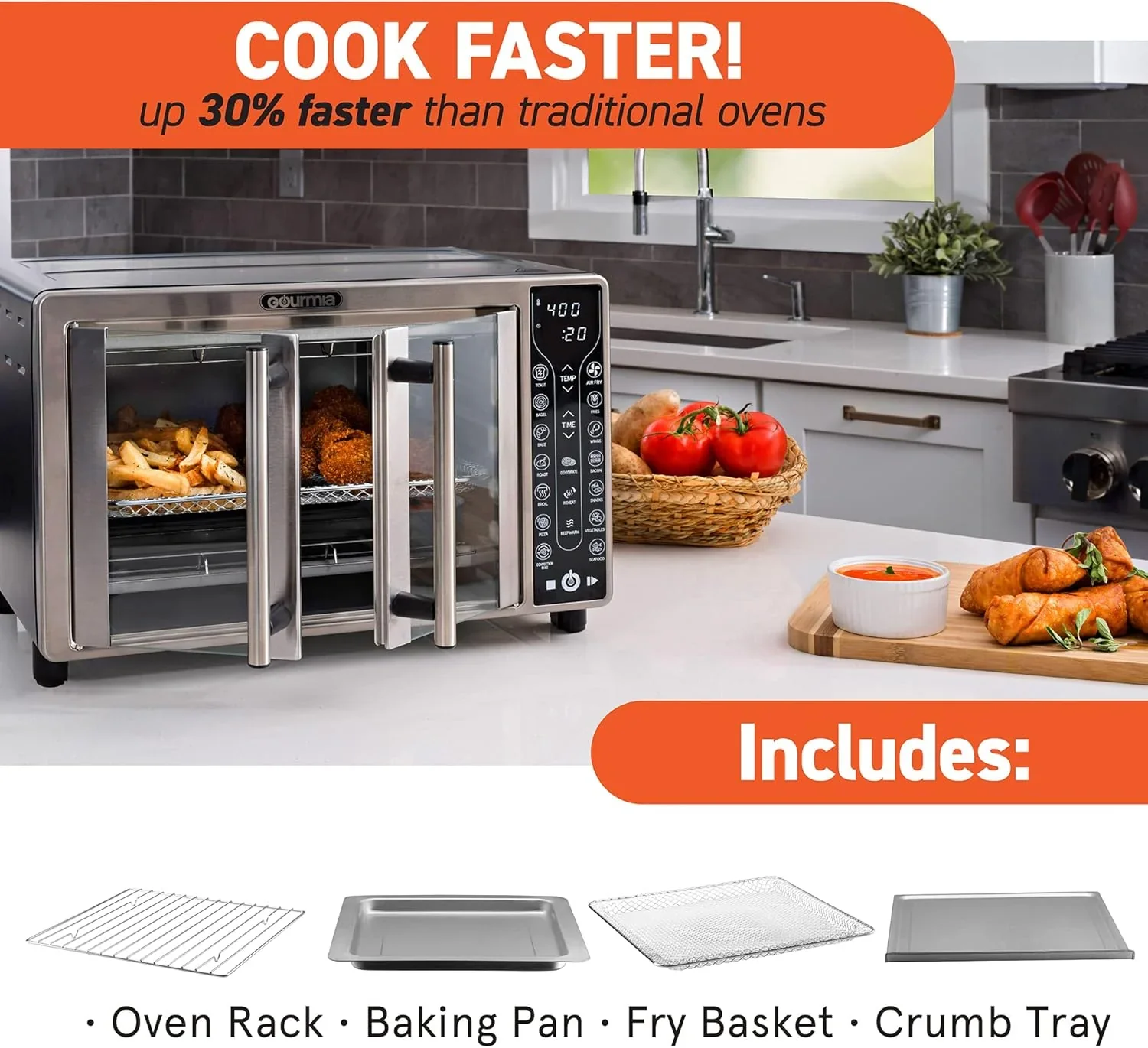 Gourmia Oven Air Fryer Combo with 17 Cooking Presets 24L Capacity Convection Rack