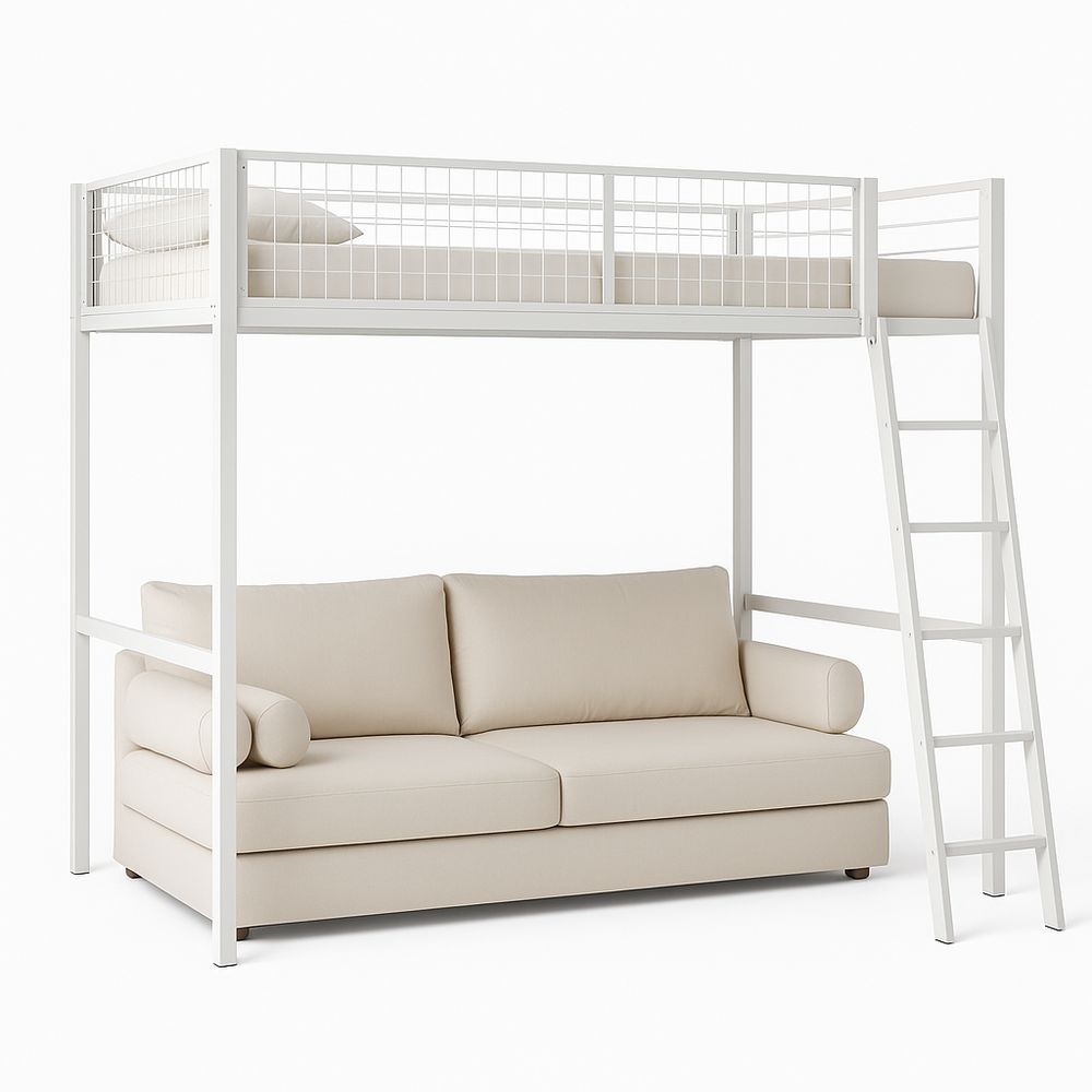 Cama alta con sofá abatible,diseño moderno,estructura de metal,color blanco,ideal para espacios pequeños