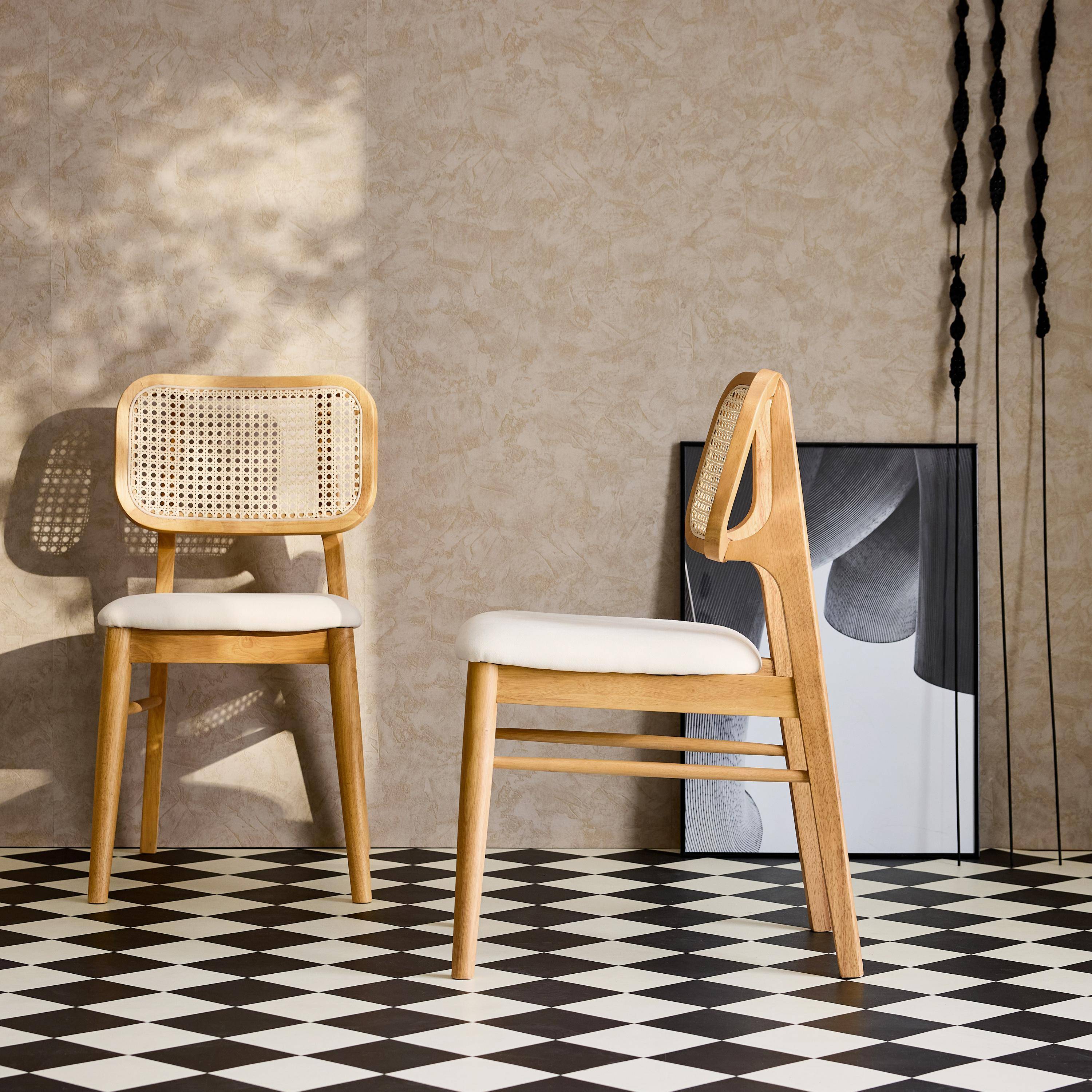 Mani - Silla bohemia de madera de hevea y rejilla, set de 2
