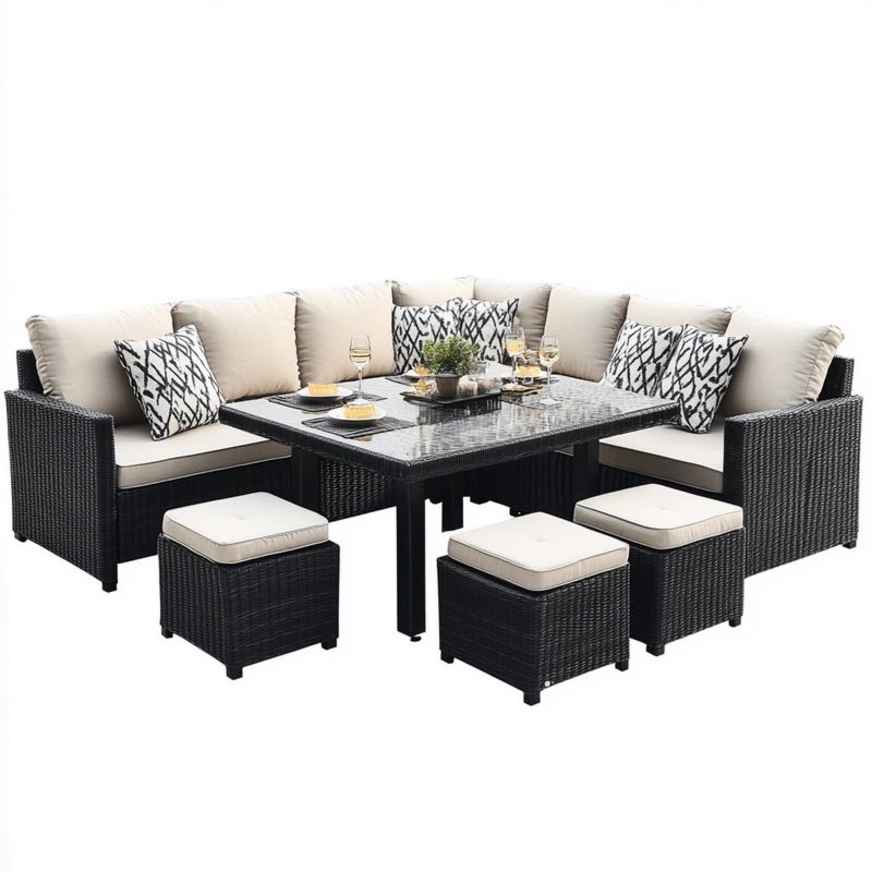 Conjunto de Muebles de Jardín Esquina Ratán Sintético Negro Diseño Elegante Sofá Patio Exterior Cojines Tapizados