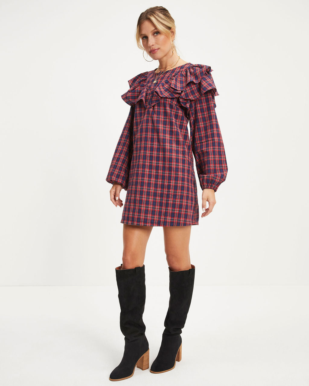 Be Merry Plaid Ruffle Mini Dress - Se7enfashion