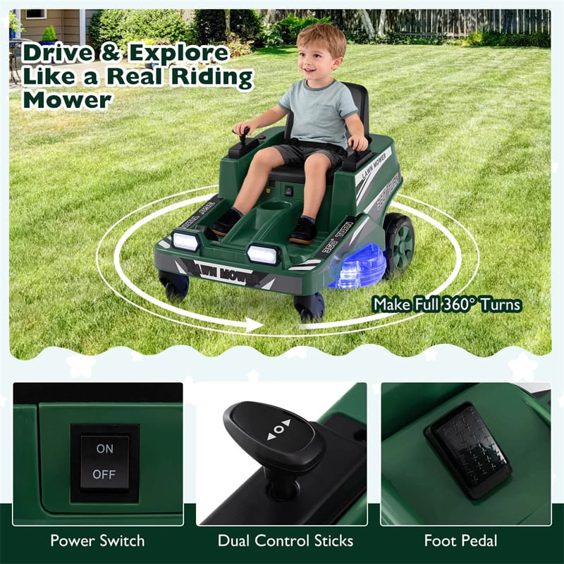 Eletriclife 12V Kids Ride-On Lawn Mower with 360° Twist & Turn, Dual Control Sticks, LED Lights for Toddlers Aged 3-8