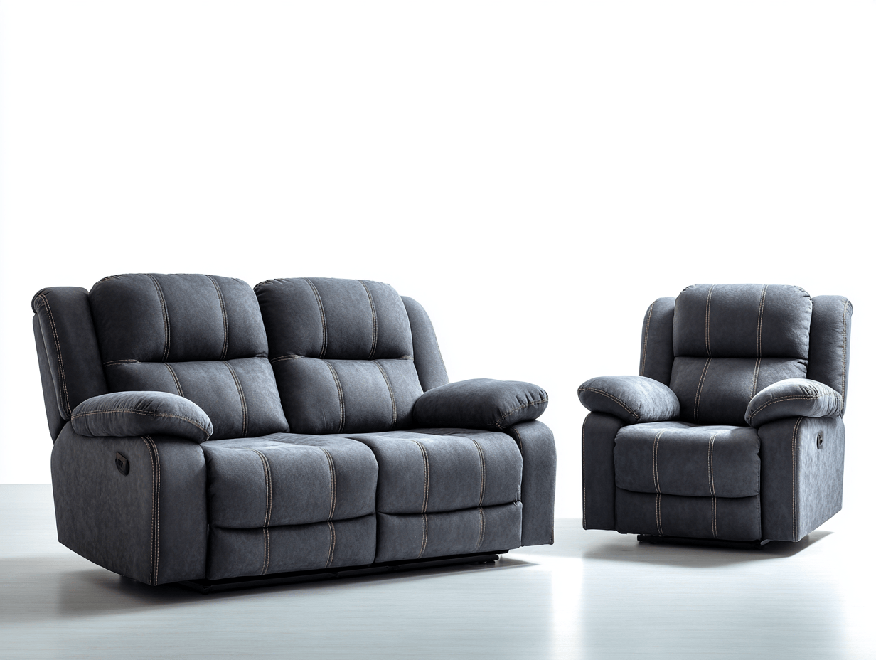 Sofá reclinable 2 plazas y sillón en tela – gris oscuro – estilo moderno con costuras decorativas