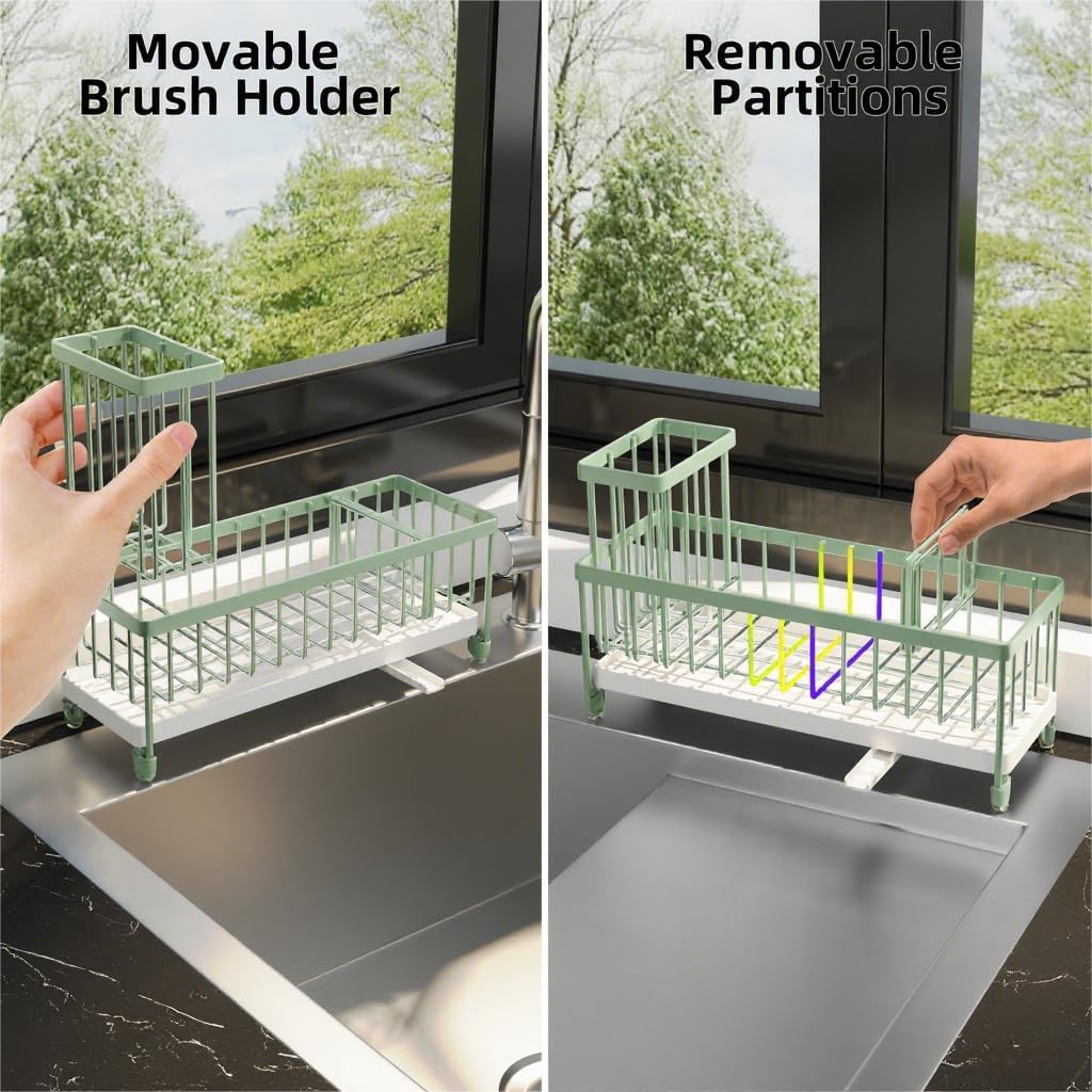 Moforoco Extra Large Sponge Holder for Kitchen Sink Organizer Caddy, Dish Brush Scrubber Holder,Stainless Steel Sink Box Utensil Holder,Soap Dispenser Set Tray Counter Accessories（Sage Green ）