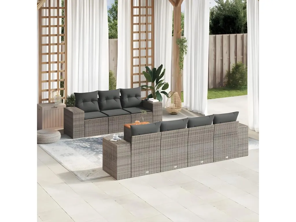 Set de sofás de jardín 8 pzas y cojines ratán sintético gris