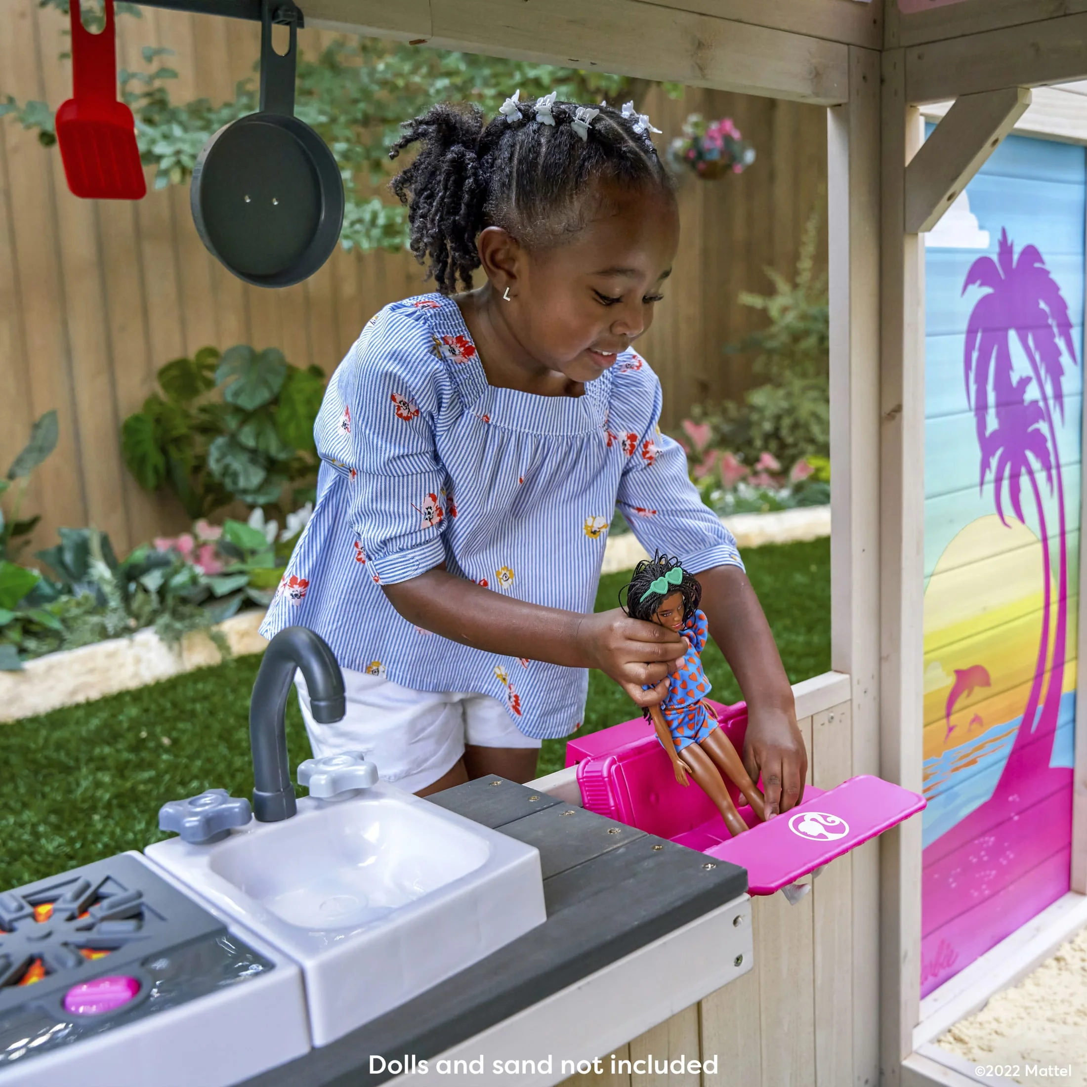 KidKraft Barbie™ Seaside Wooden Outdoor Playhouse with Attachable Doll Table and Chairs - Image 3