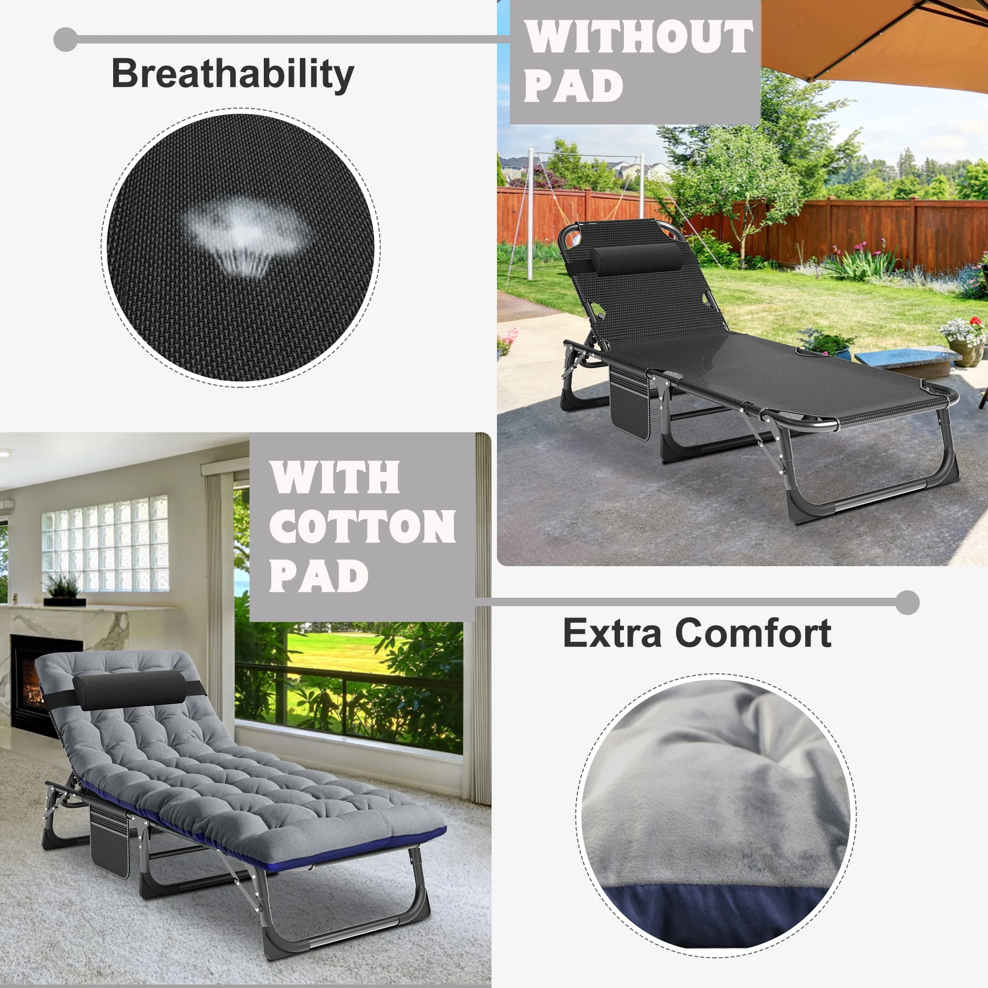 MOPHOTO Lounge Chair with Mattress, Outdoor Chaise Lounge Support 440 Lbs, Adjustable Portable Heavy Duty Sleeping Cots Bed for Camping, Pool, Beach, Patio - Image 26