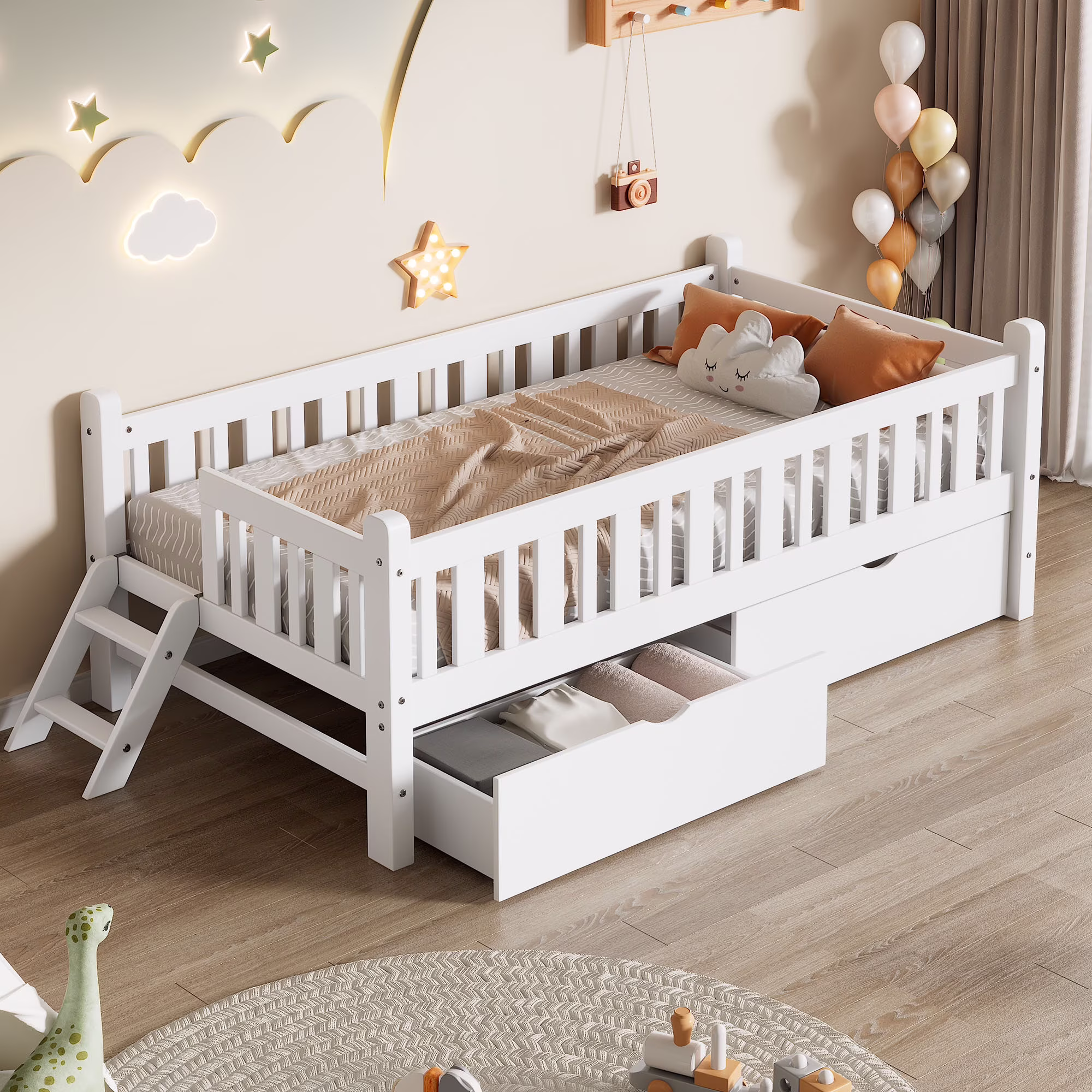 Euroco Wood Twin Size Platform Bed with 2 Drawers and Ladder for Kids and Toddlers, White(Pink)
