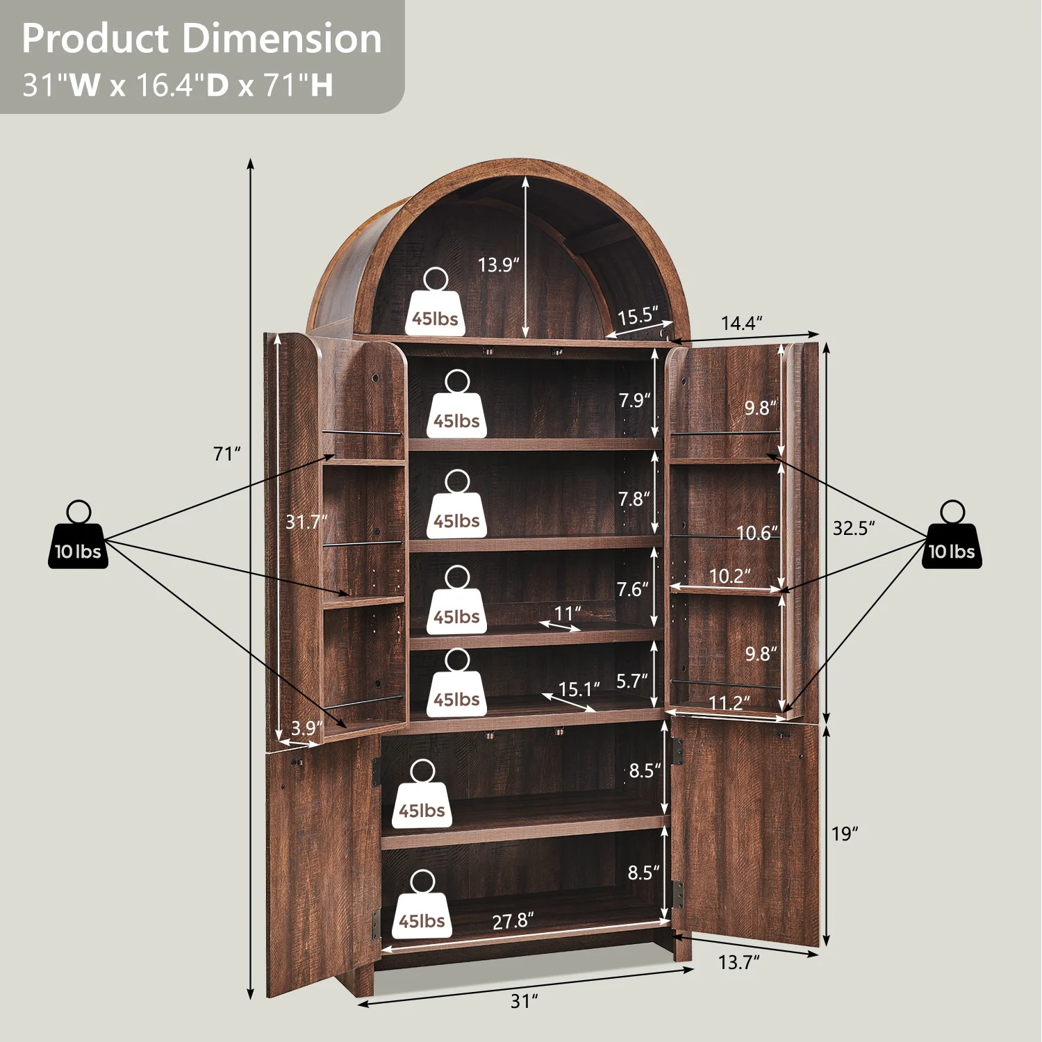IFGET 71" Tall Arched Kitchen Pantry Storage Cabinet, Large Storage Cabinet with Adjustable Shelves, Pantry Cabinet for Kitchen, Dining Room - Image 17