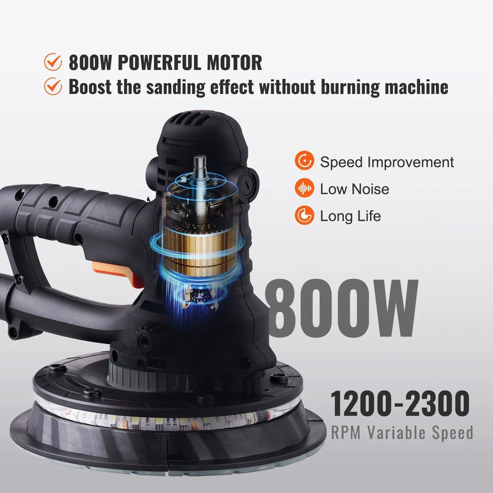800W Electric Drywall Sander with Dust Extraction, Adjustable RPM 1200-2300, Brush Motor for Efficient Wall Sanding & Polishing