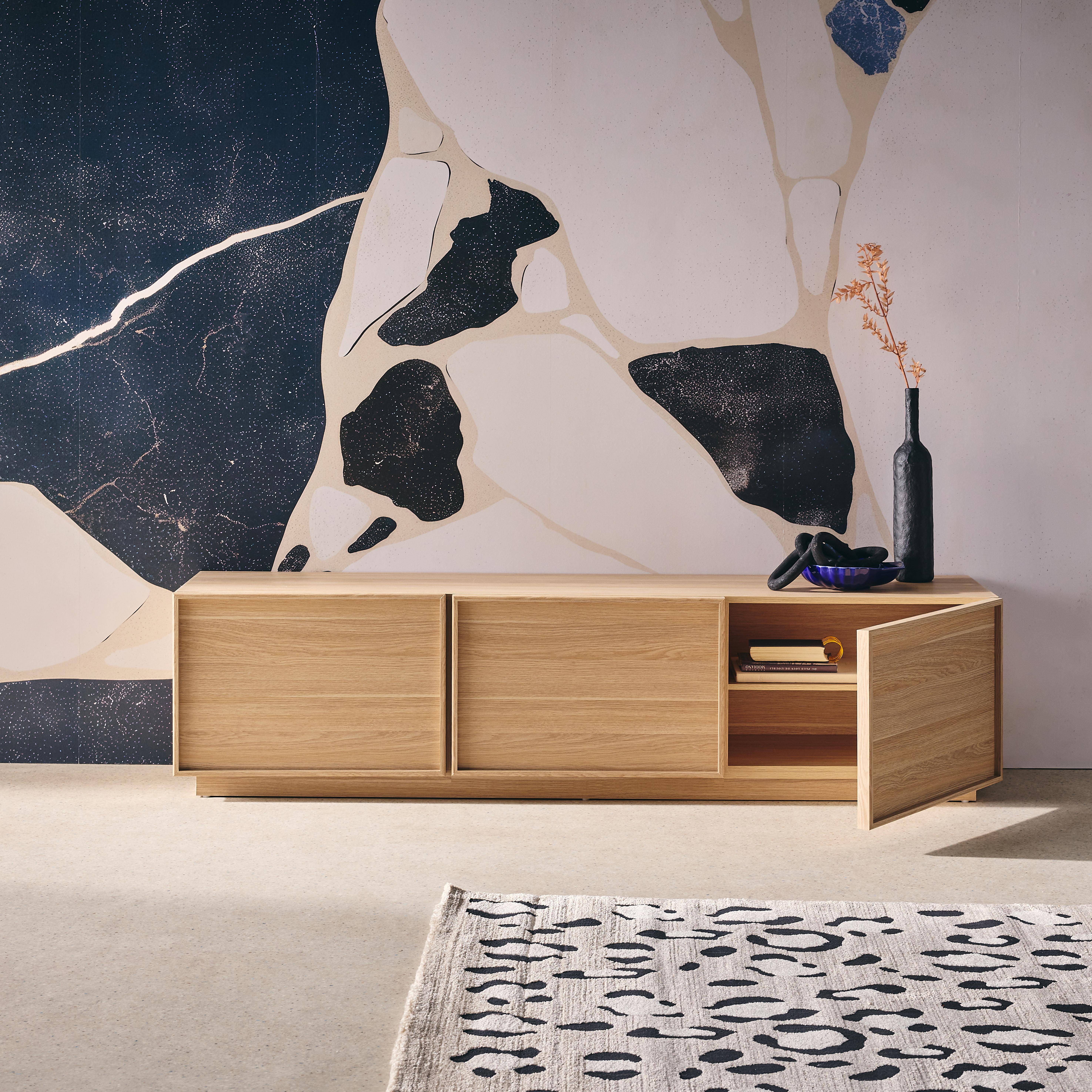Kuba - Mueble de TV con decoración de madera y 3 puertas, 140cm