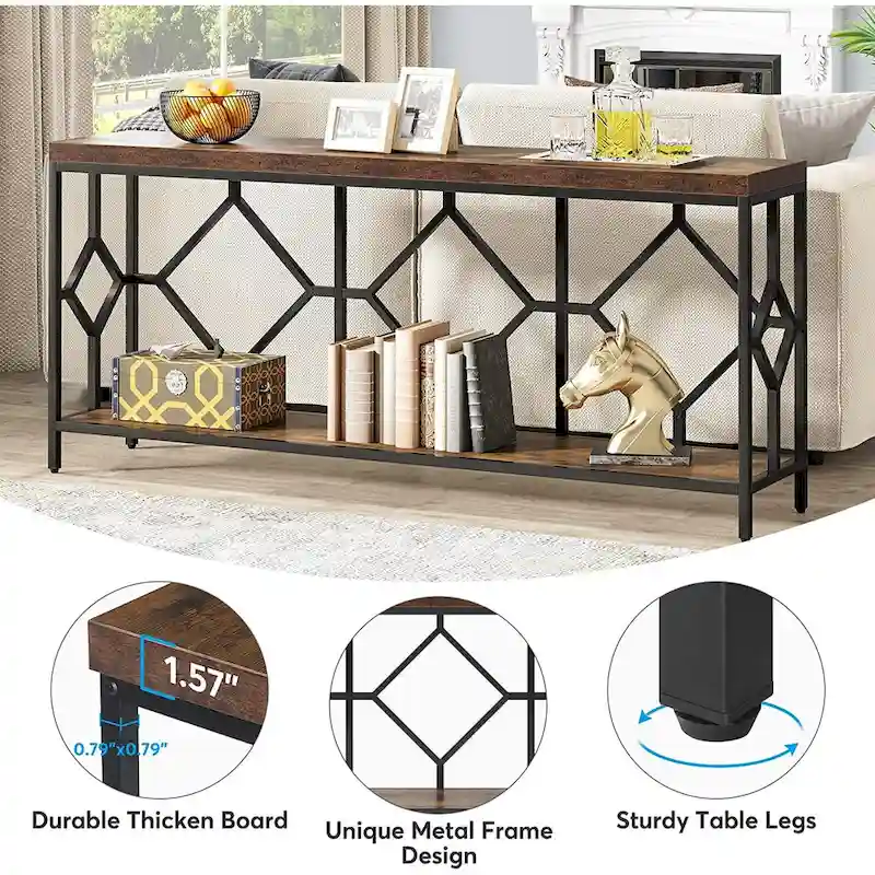 70.9-Inch Industrial Sofa Console Table with Open Storage Shelf - Extra Long Narrow Entry Table for Behind Couch