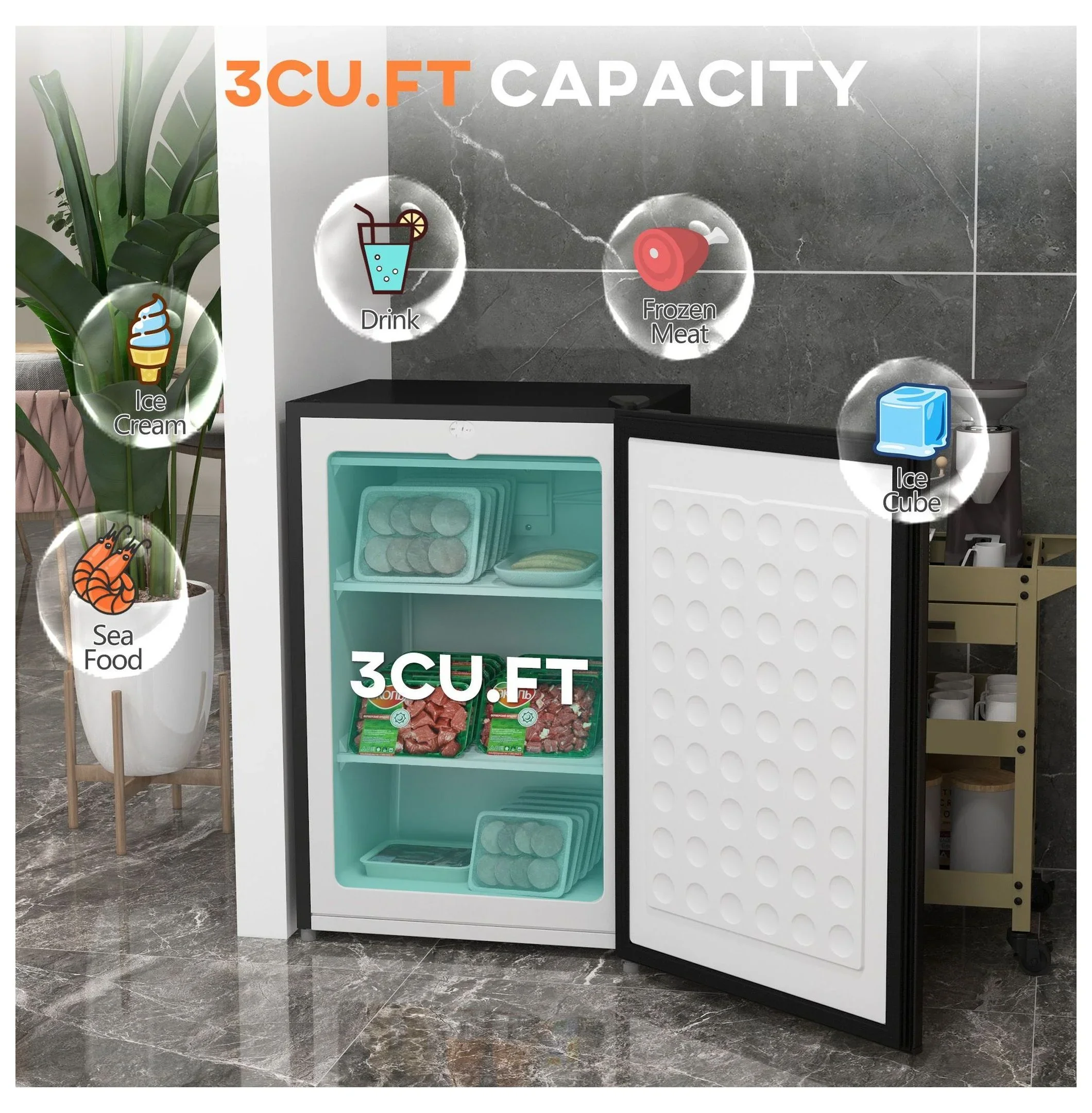3 Cu Ft Upright Freezer - Black Mini Freezer with Adjustable Thermostat & Reversible Door for Apartment, Dorm, Office