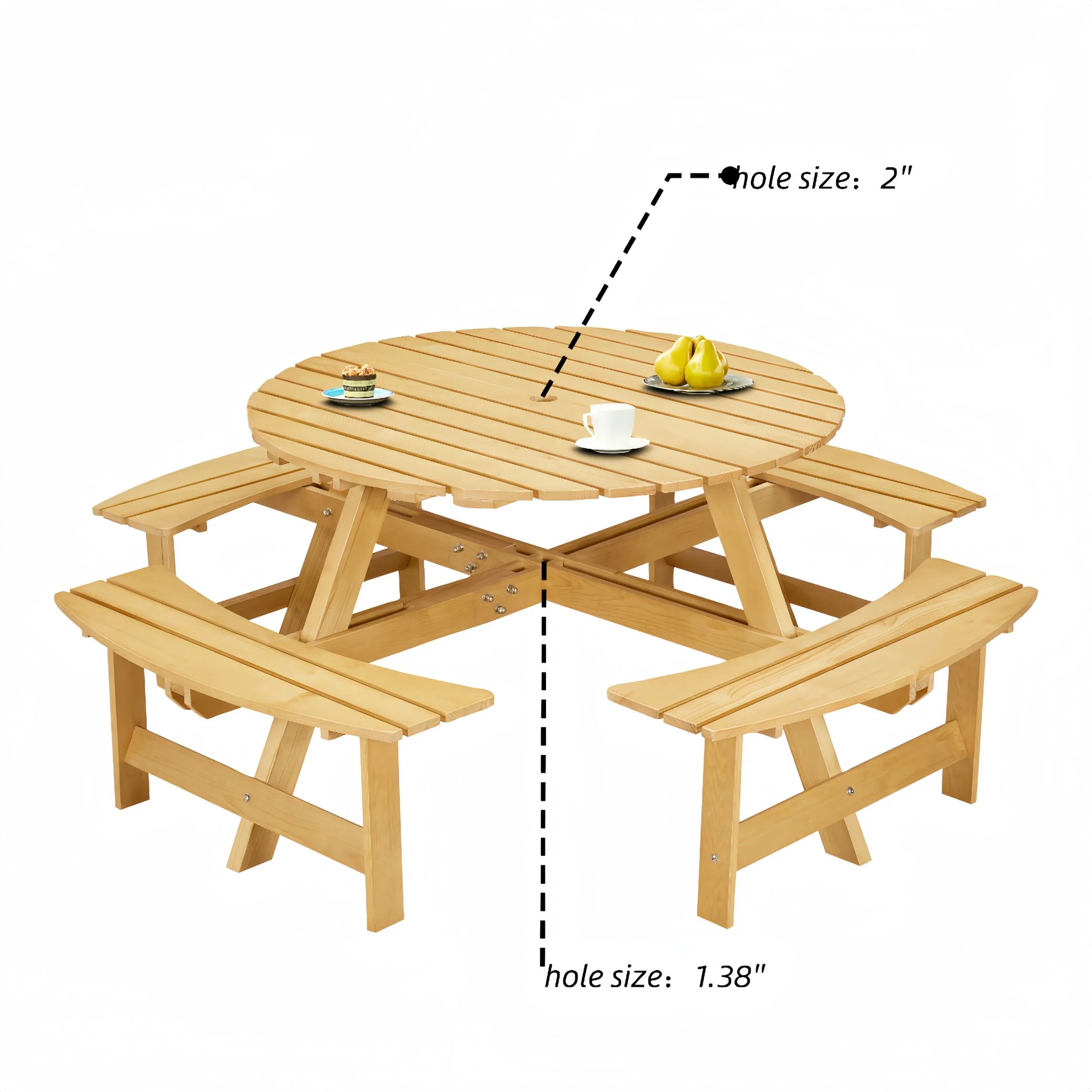 8 Person Wood Picnic Table, Outdoor Round Picnic Table with 4 Built-in Benches, Umbrella Hole, Outside Table and Bench Set for Patio, Backyard, 500lbs Capacity Per Bench - Image 8