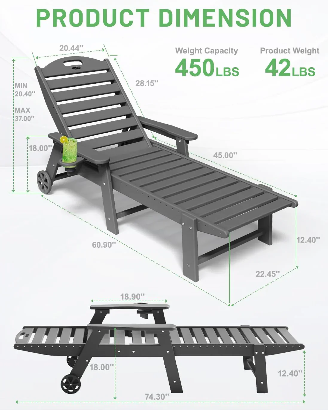 Lounge Chair Outdoor, Chaise Lounge, HDPE 6-Position Outdoor Chaise Lounge, Patio Lounge Chair with Wheels & Cup Holder for Pool Poolside Deck Backyard, Teak