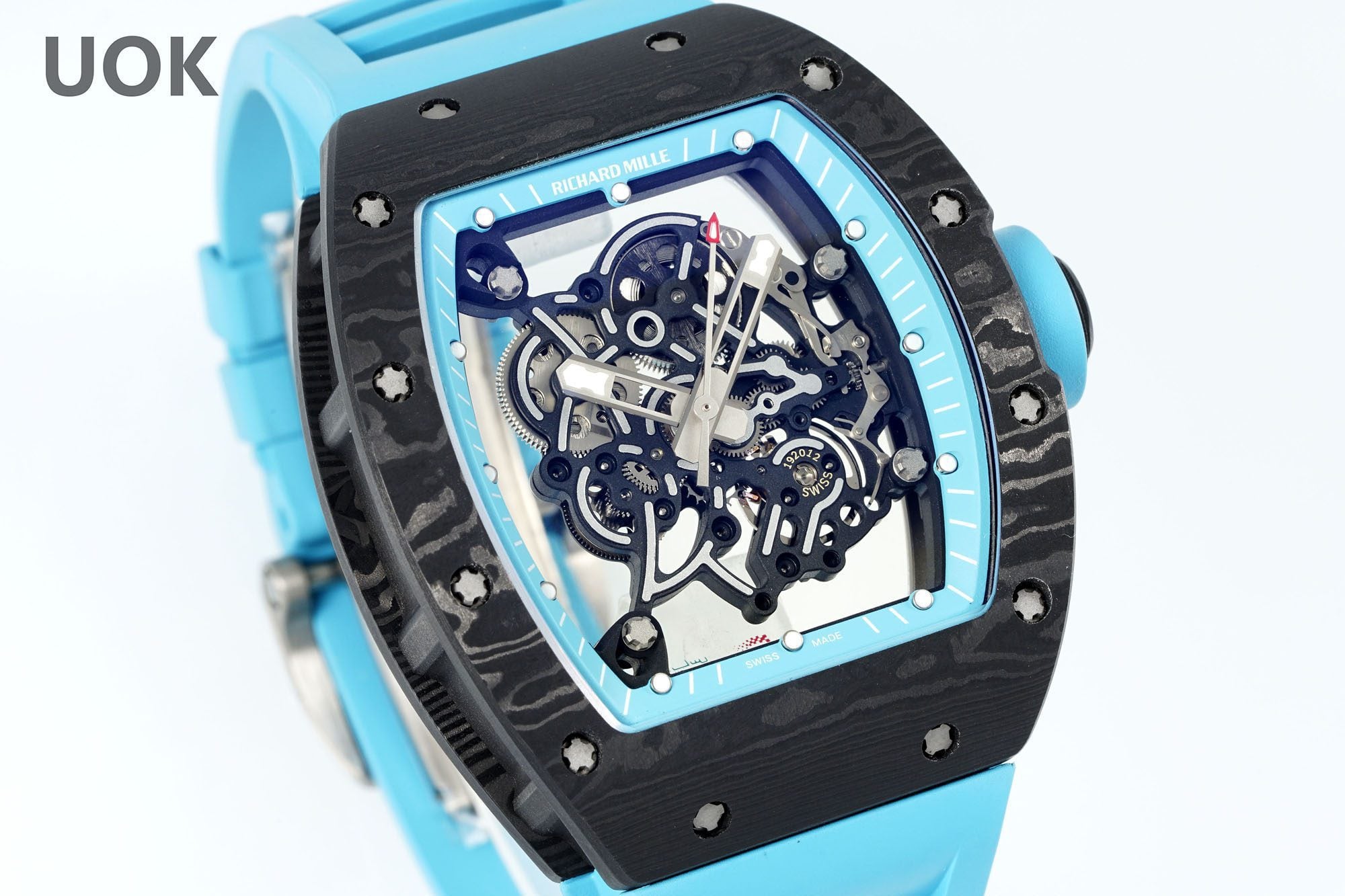 Replica Richard Mille RM 55 Swiss Movement Super Clone Carbon Case Blue Rubber Strap
