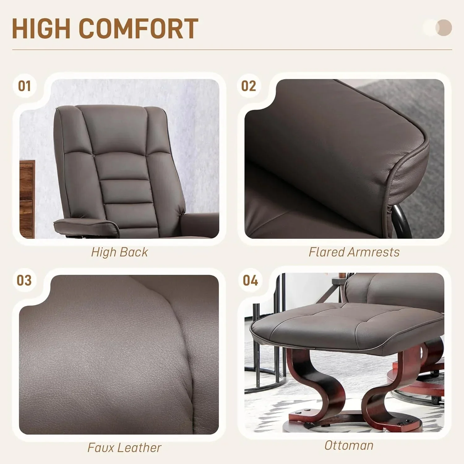 Faux Leather Recliner Chair with Swivel Ottoman High Back and Wood Frame Brown